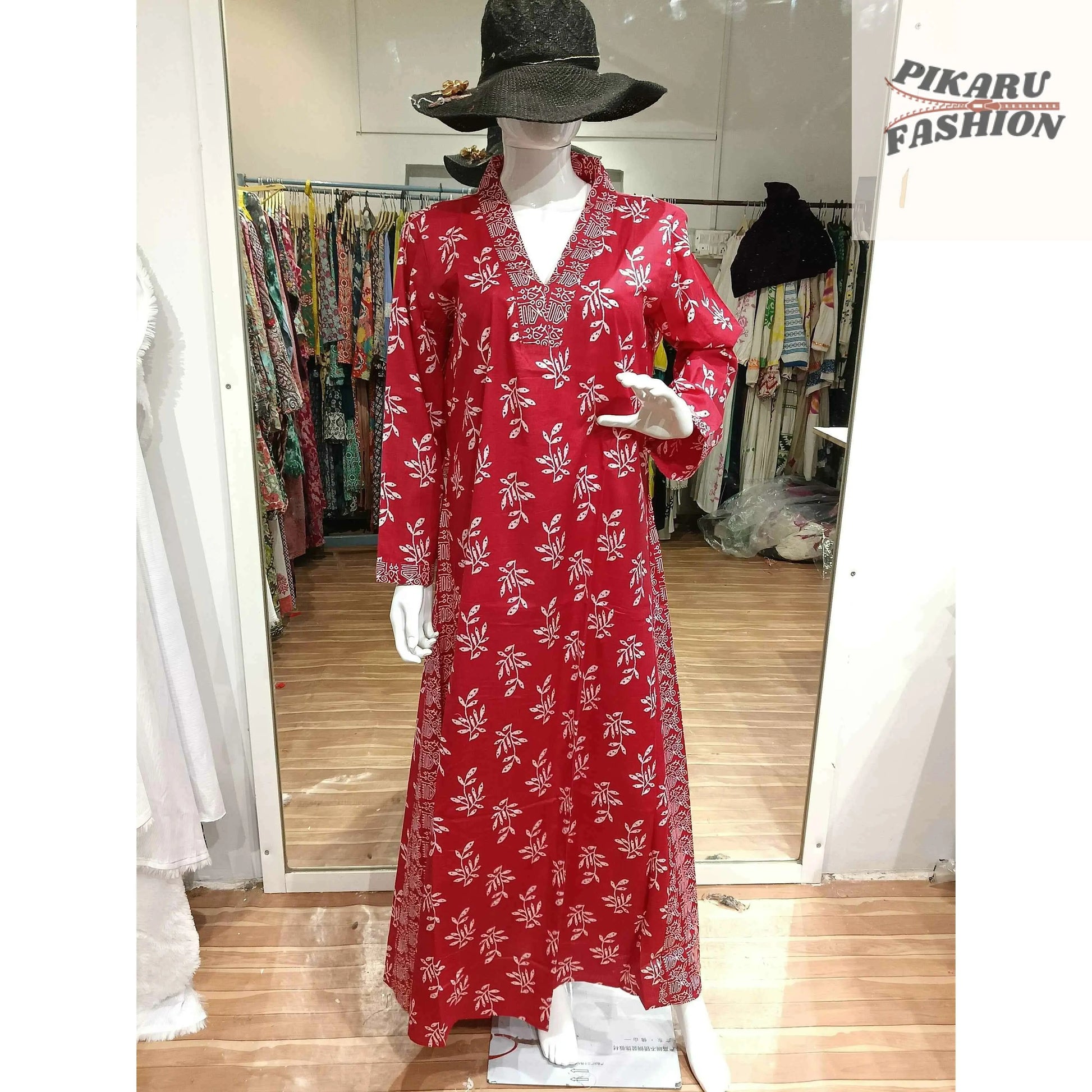 Red Hand-Block Printed Cotton Maxi Dress - PIKARU FASHION