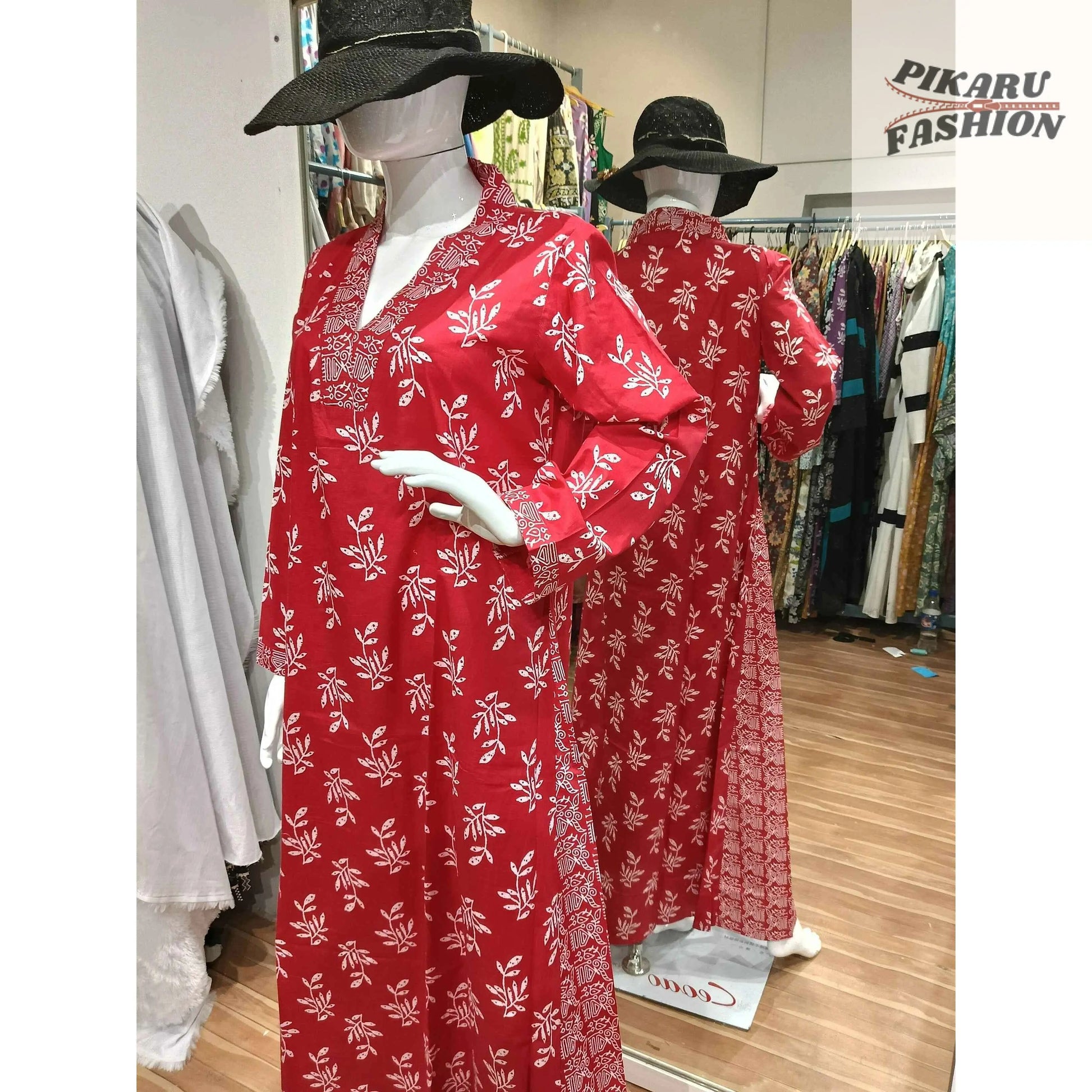Red Hand-Block Printed Cotton Maxi Dress - PIKARU FASHION