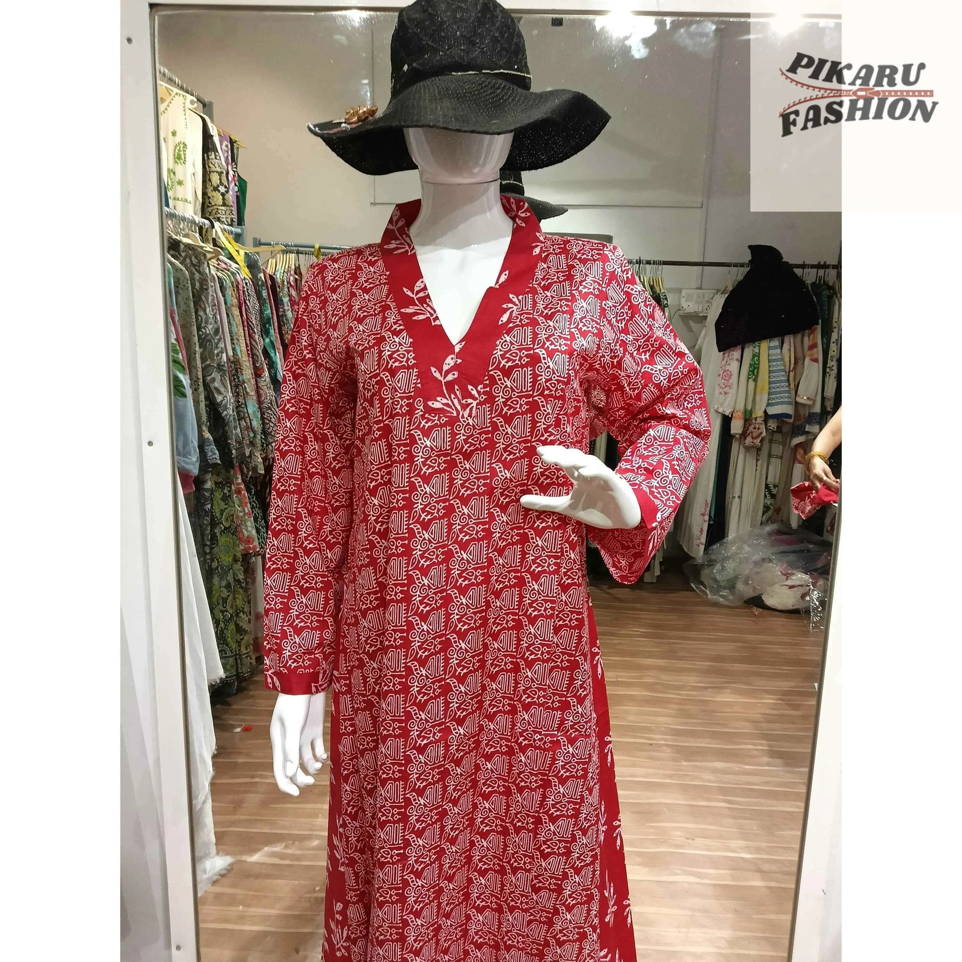 Red Hand-Block Printed Cotton Maxi Dress - PIKARU FASHION