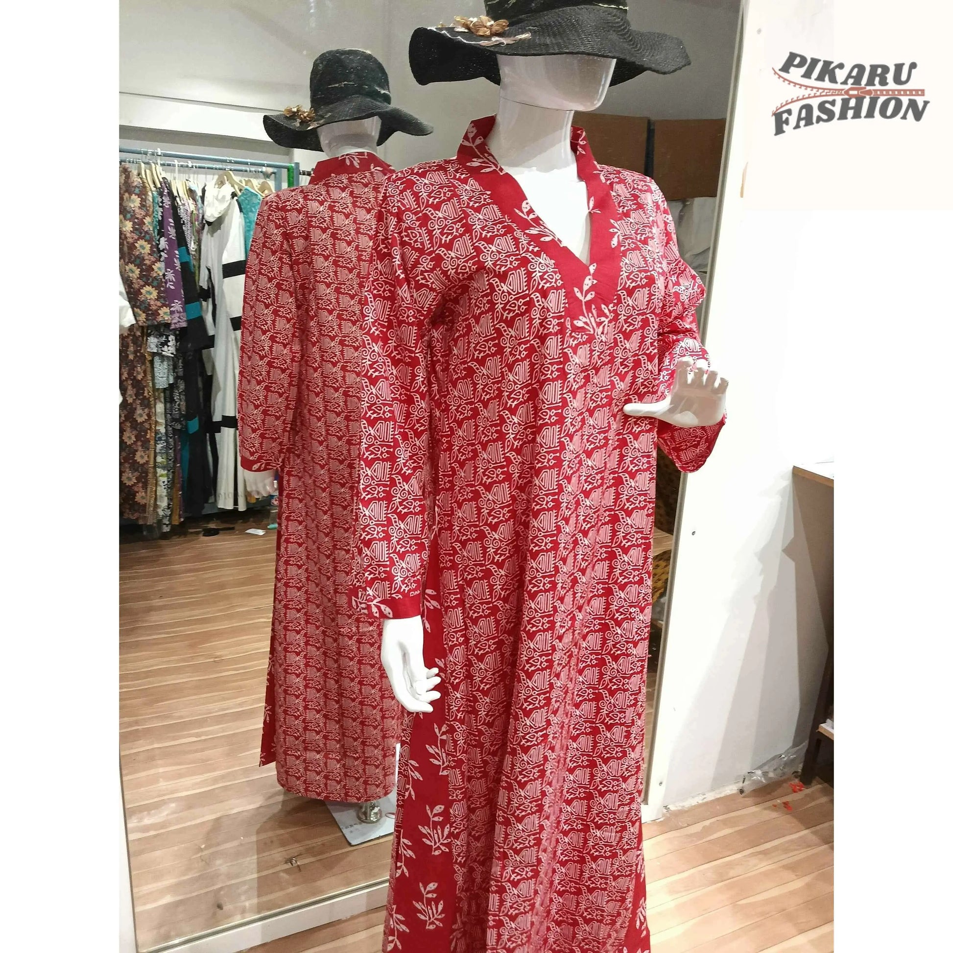 Red Hand-Block Printed Cotton Maxi Dress - PIKARU FASHION