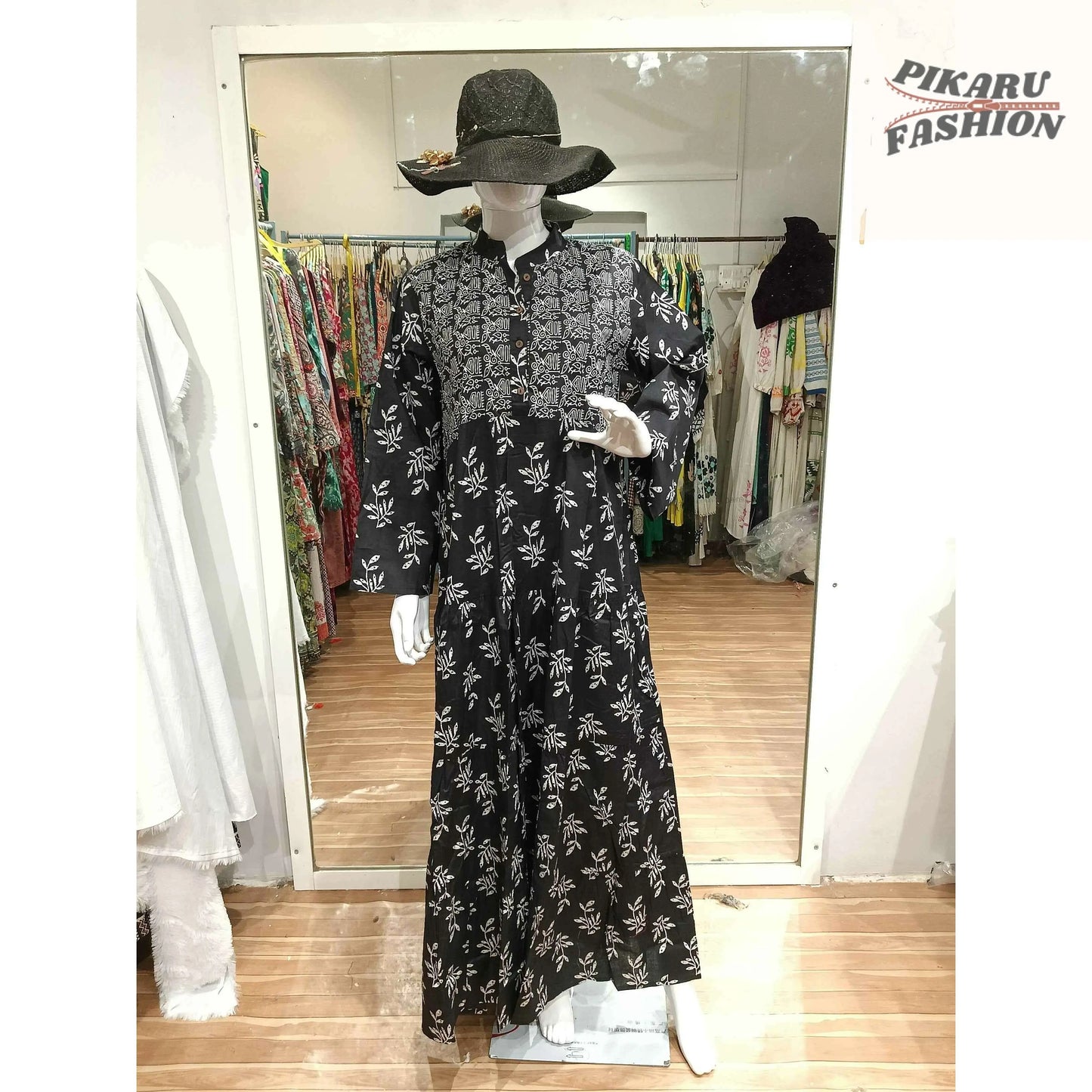 Black Hand-Block Printed Cotton Maxi Dress with White Floral Patterns - PIKARU FASHION