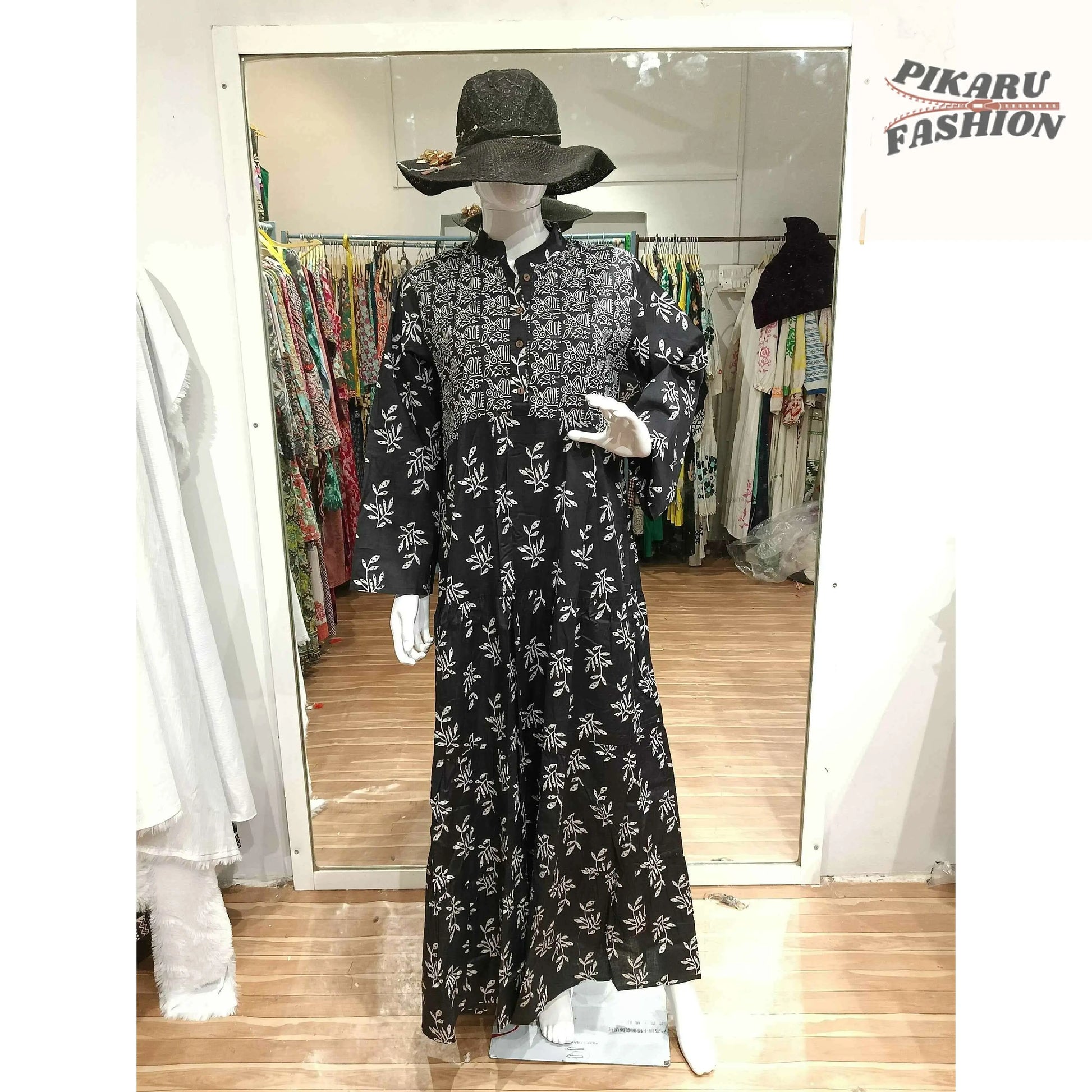 Black Hand-Block Printed Cotton Maxi Dress with White Floral Patterns - PIKARU FASHION