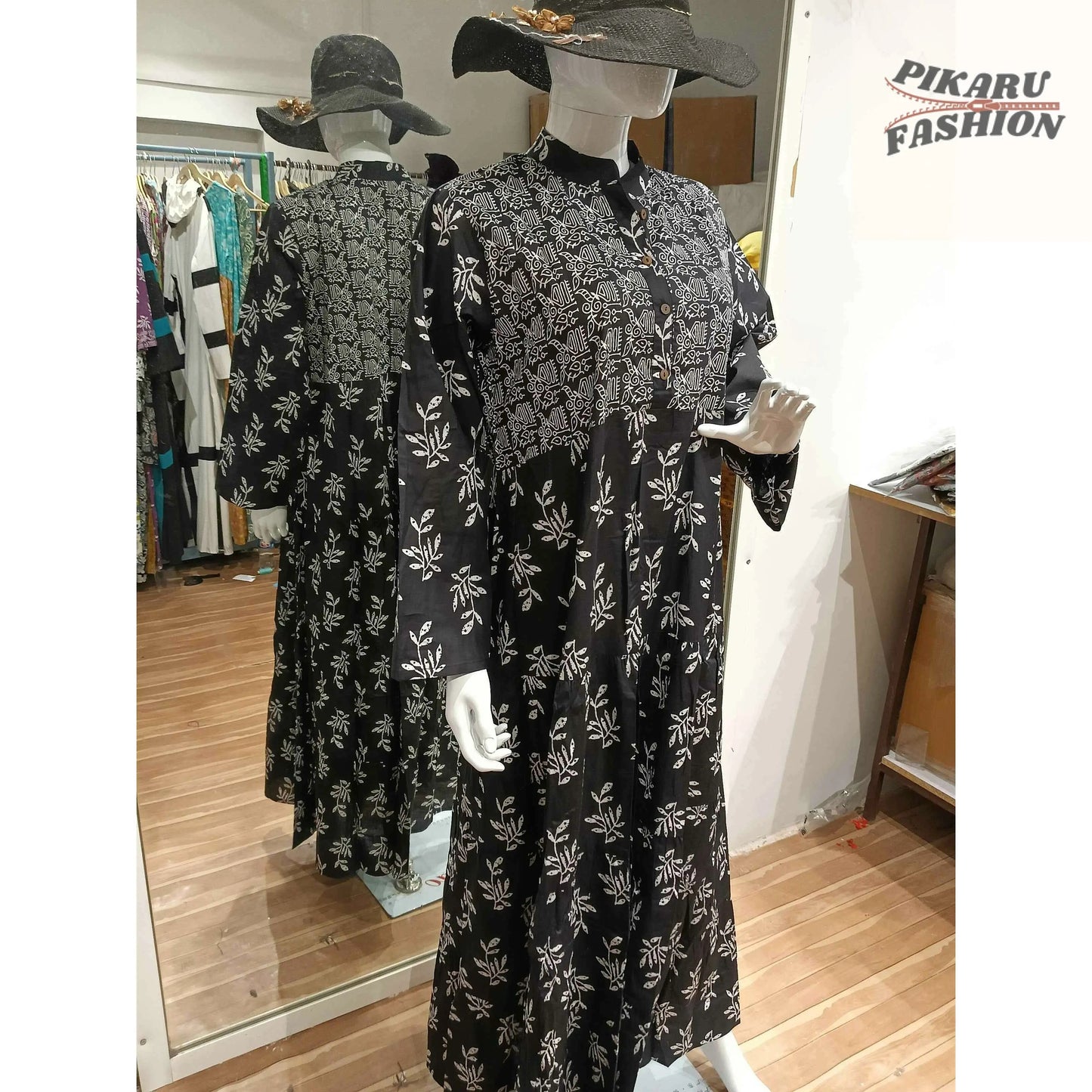 Black Hand-Block Printed Cotton Maxi Dress with White Floral Patterns - PIKARU FASHION