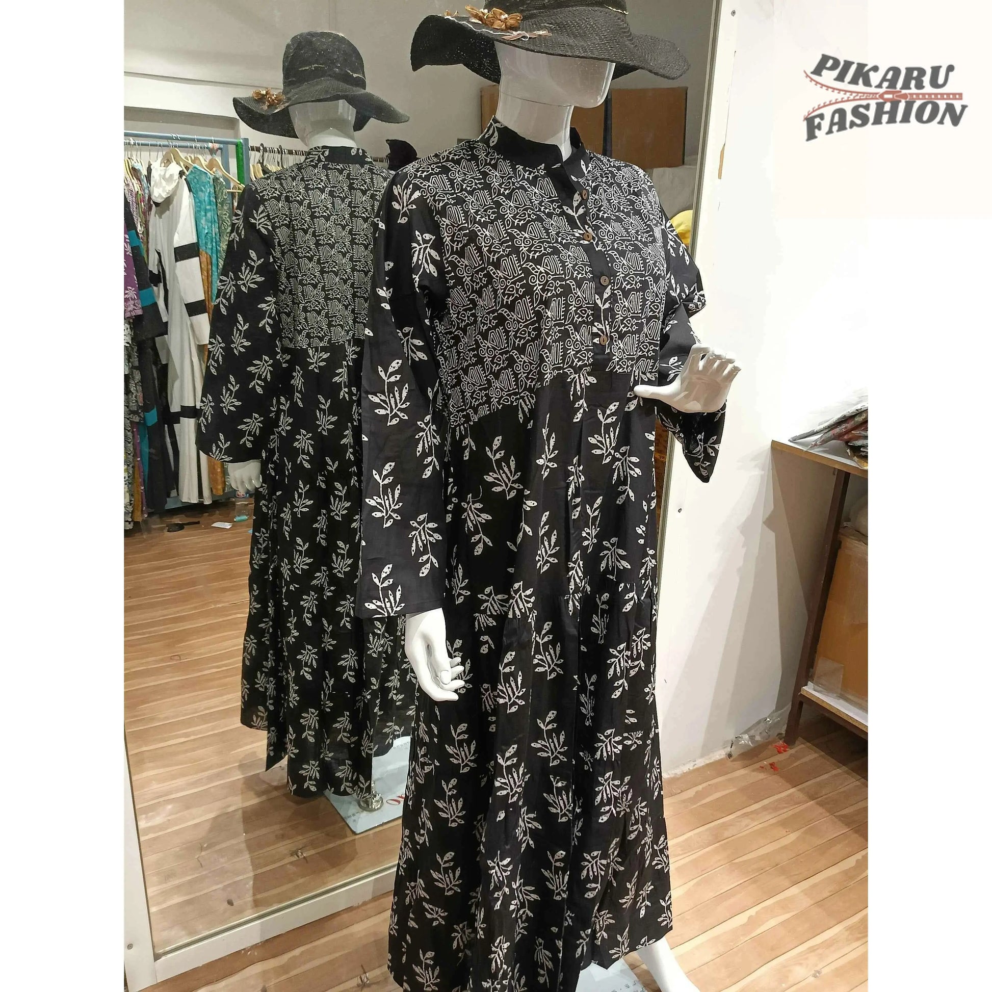 Black Hand-Block Printed Cotton Maxi Dress with White Floral Patterns - PIKARU FASHION