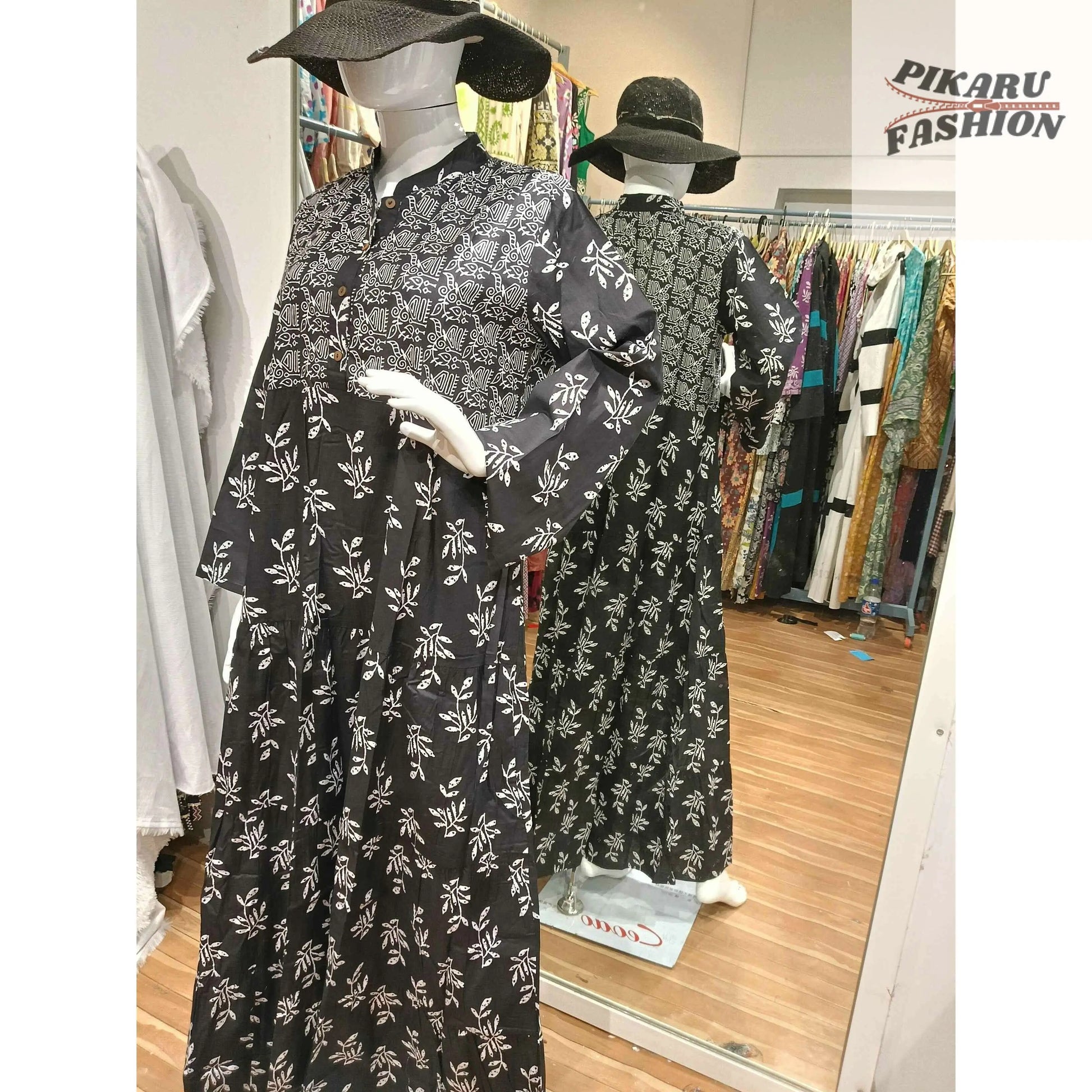 Black Hand-Block Printed Cotton Maxi Dress with White Floral Patterns - PIKARU FASHION