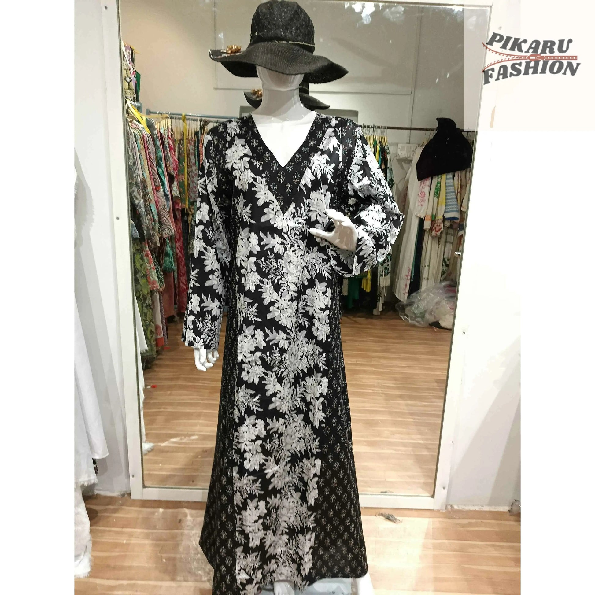Elegant Black Floral Printed Maxi Dress with Long Sleeves - PIKARU FASHION