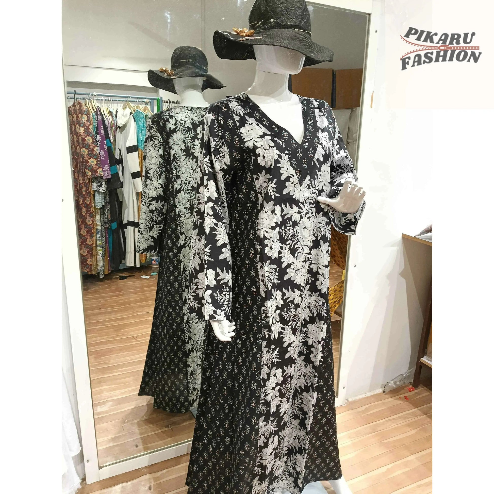 Elegant Black Floral Printed Maxi Dress with Long Sleeves - PIKARU FASHION