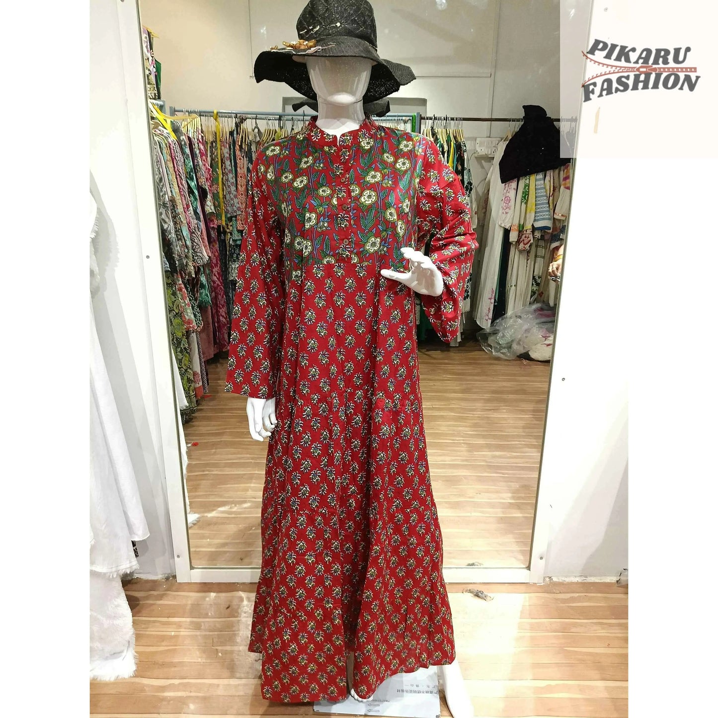 Red Hand-Block Printed Long Cotton Maxi Dress - PIKARU FASHION