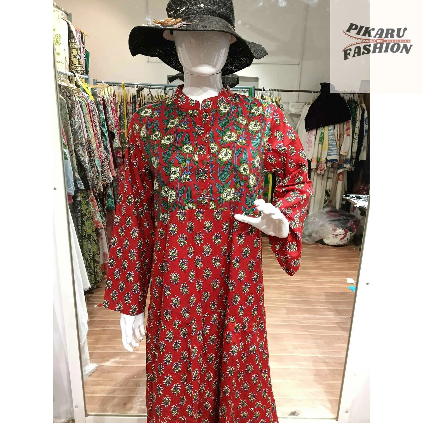 Red Hand-Block Printed Long Cotton Maxi Dress - PIKARU FASHION