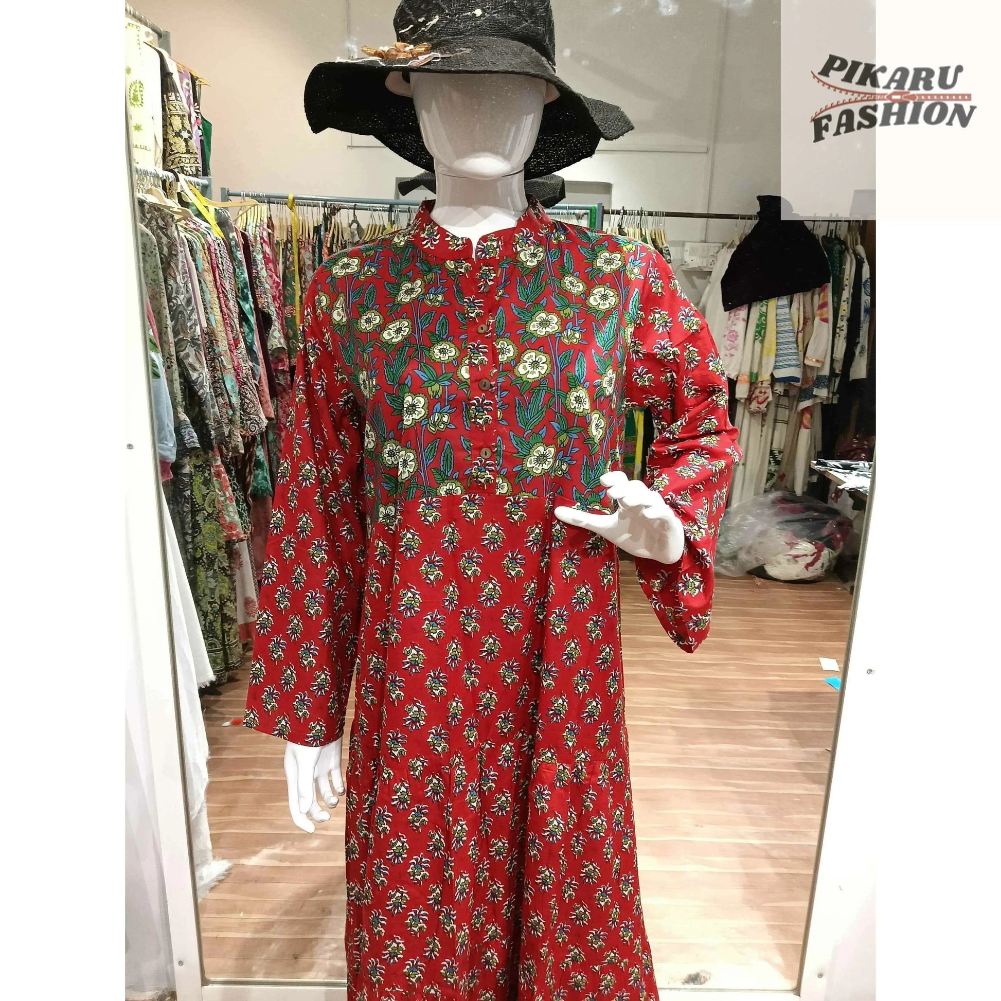 Red Hand-Block Printed Long Cotton Maxi Dress - PIKARU FASHION