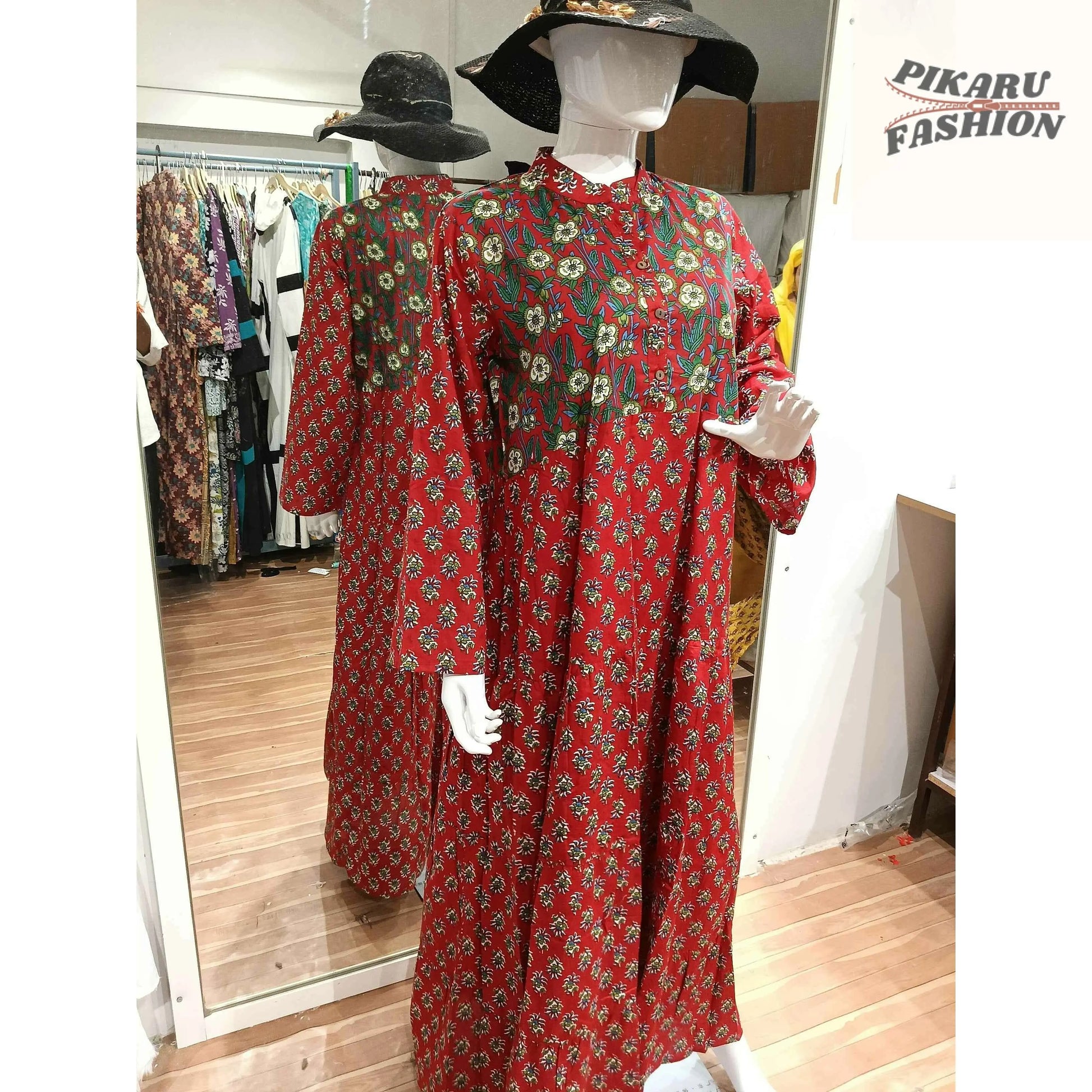Red Hand-Block Printed Long Cotton Maxi Dress - PIKARU FASHION