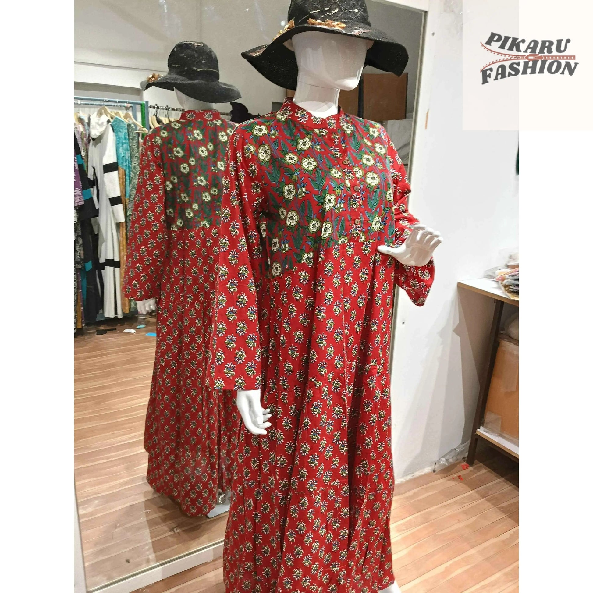 Red Hand-Block Printed Long Cotton Maxi Dress - PIKARU FASHION