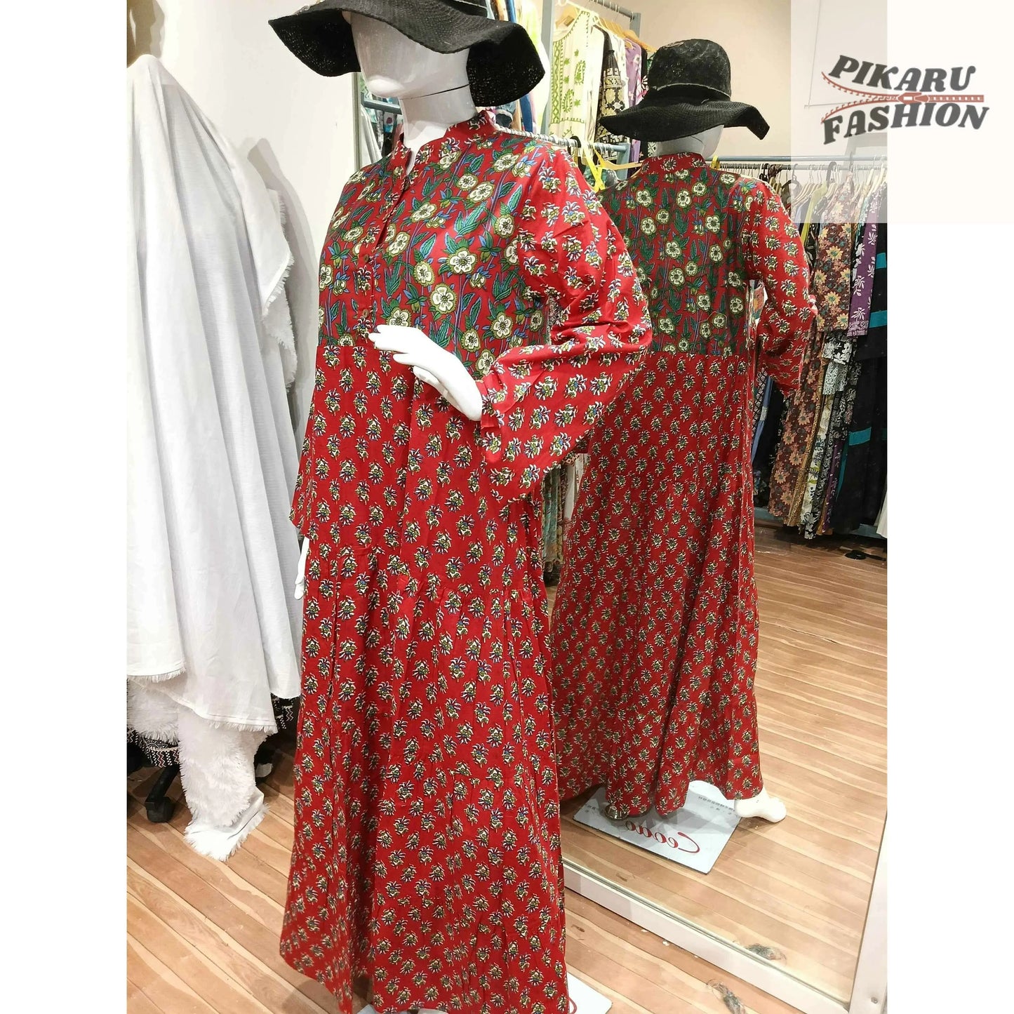 Red Hand-Block Printed Long Cotton Maxi Dress - PIKARU FASHION