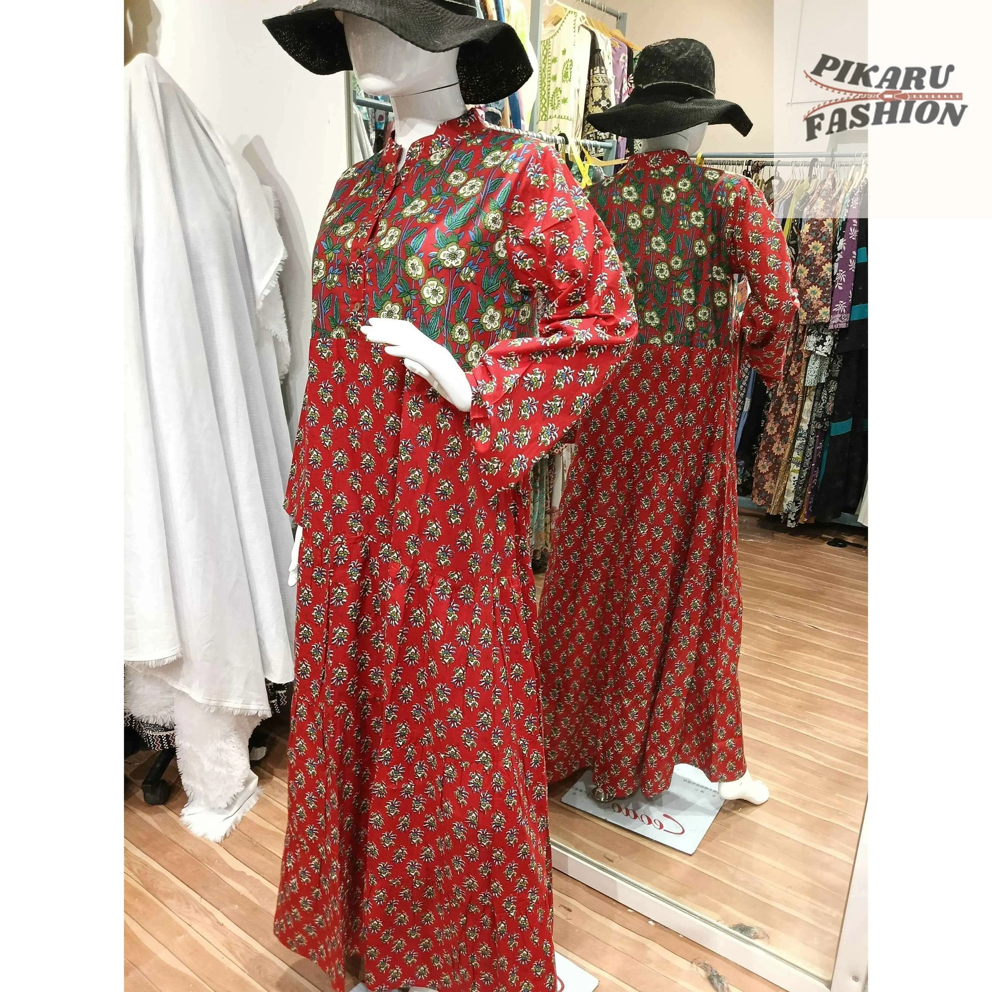 Red Hand-Block Printed Long Cotton Maxi Dress - PIKARU FASHION