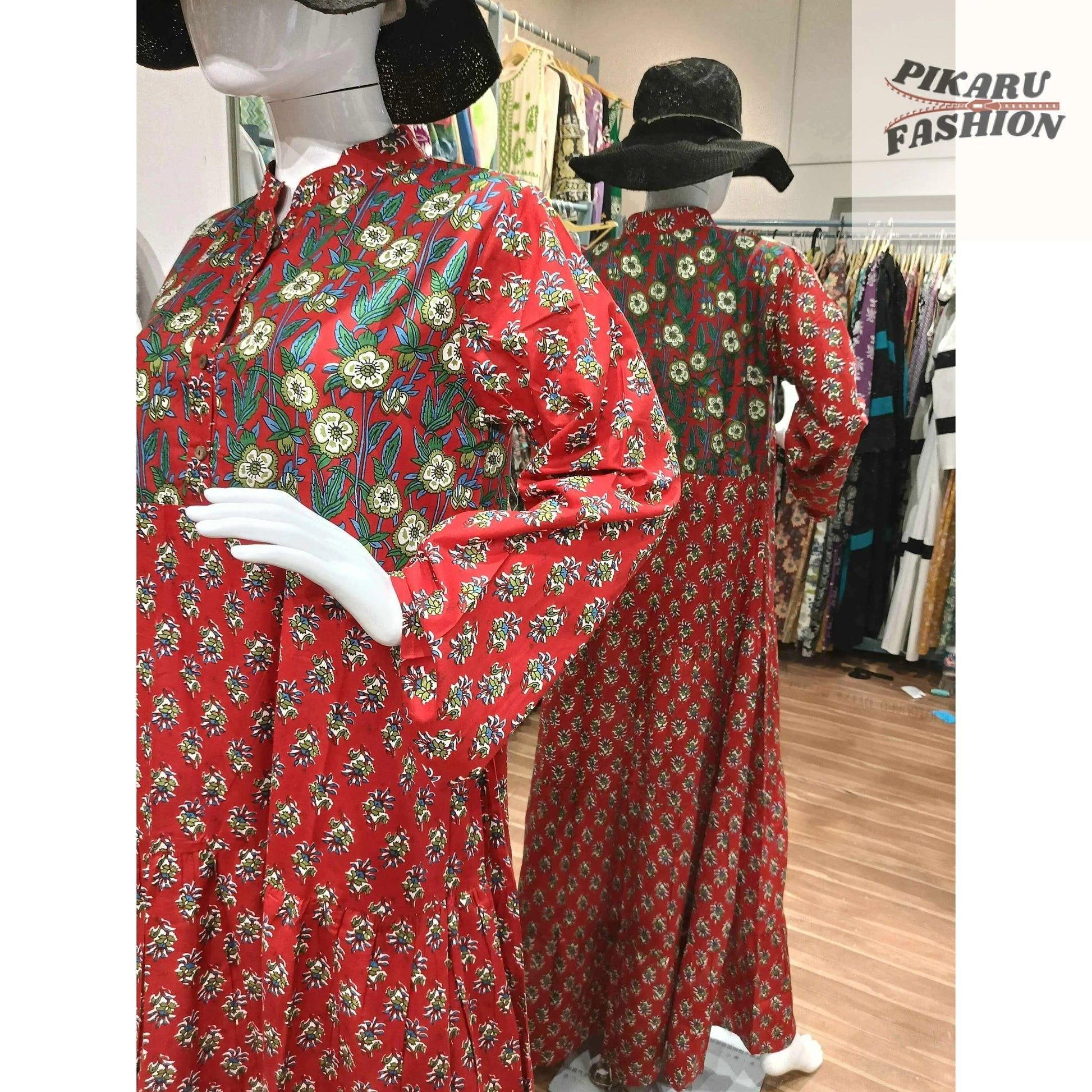 Red Hand-Block Printed Long Cotton Maxi Dress - PIKARU FASHION