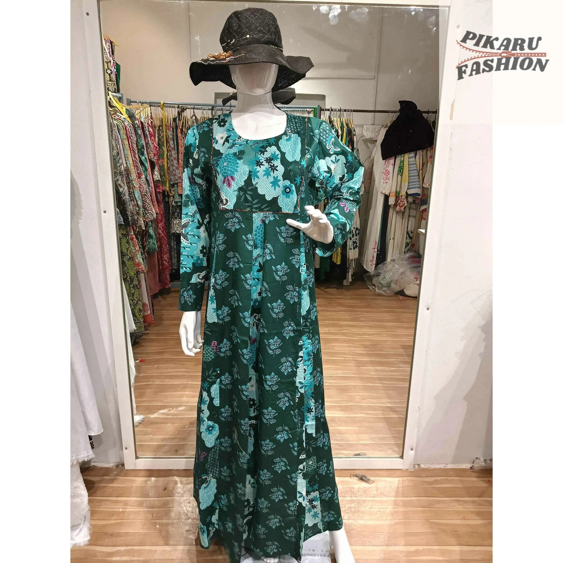 Elegant Green Floral Maxi Dress - PIKARU FASHION