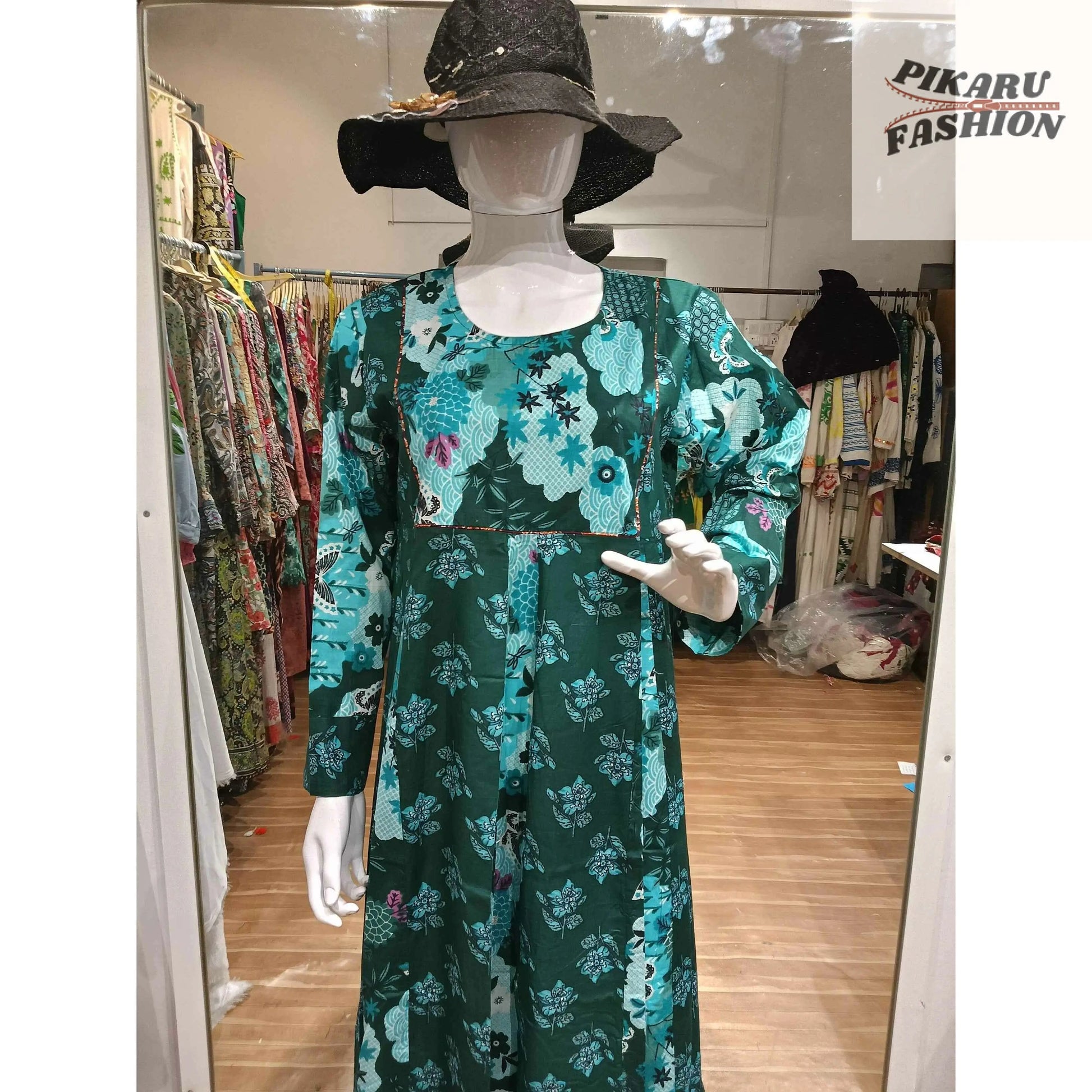 Elegant Green Floral Maxi Dress - PIKARU FASHION
