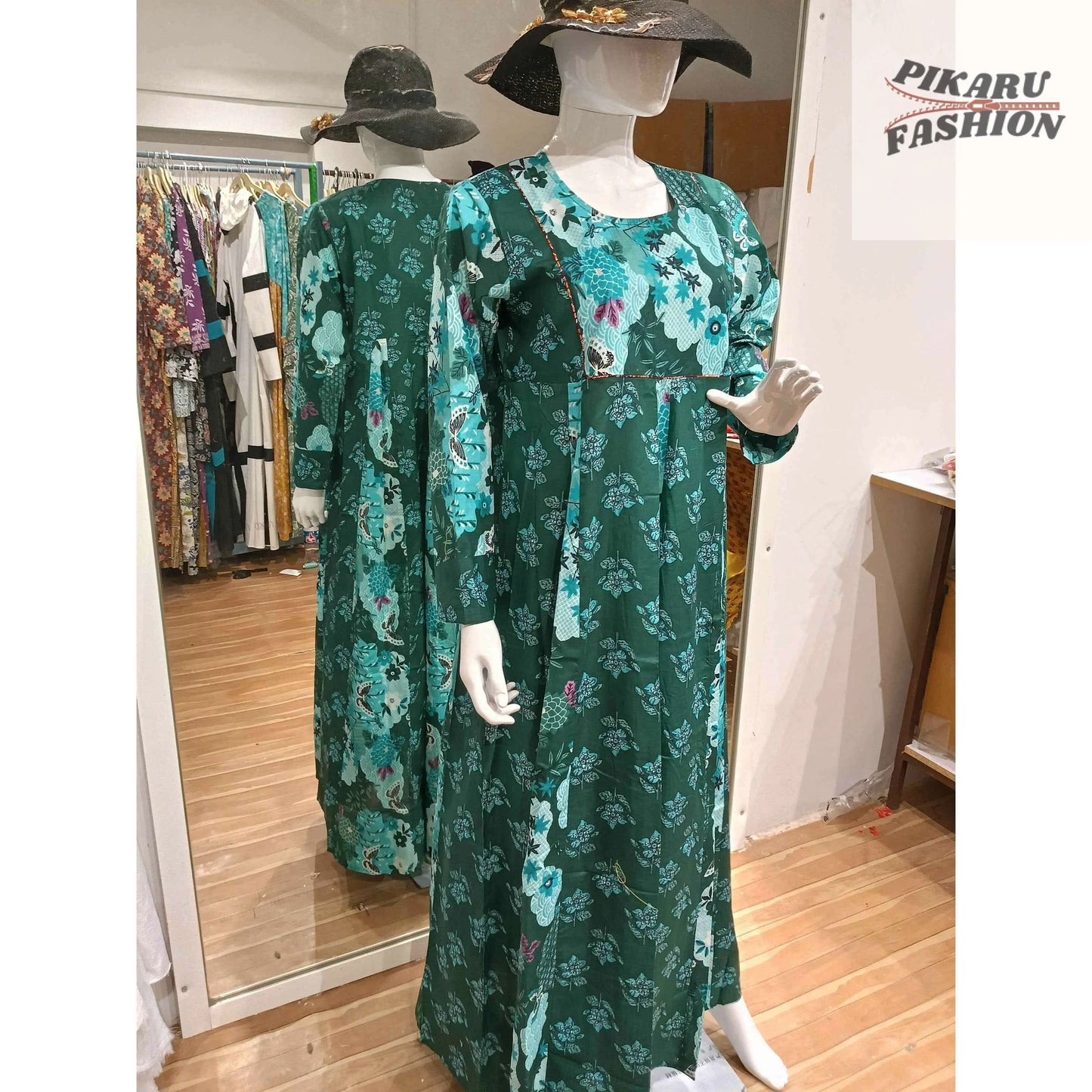 Elegant Green Floral Maxi Dress - PIKARU FASHION