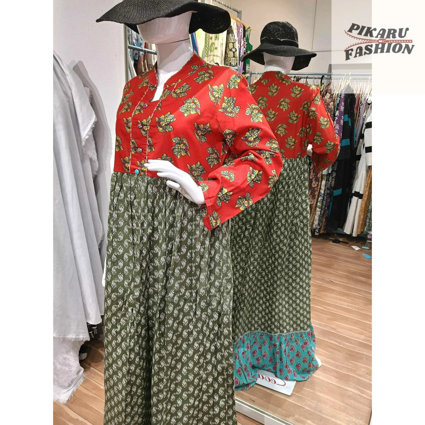 Bohemian Fusion Long Dress – Multicolor Floral Block Print - PIKARU FASHION