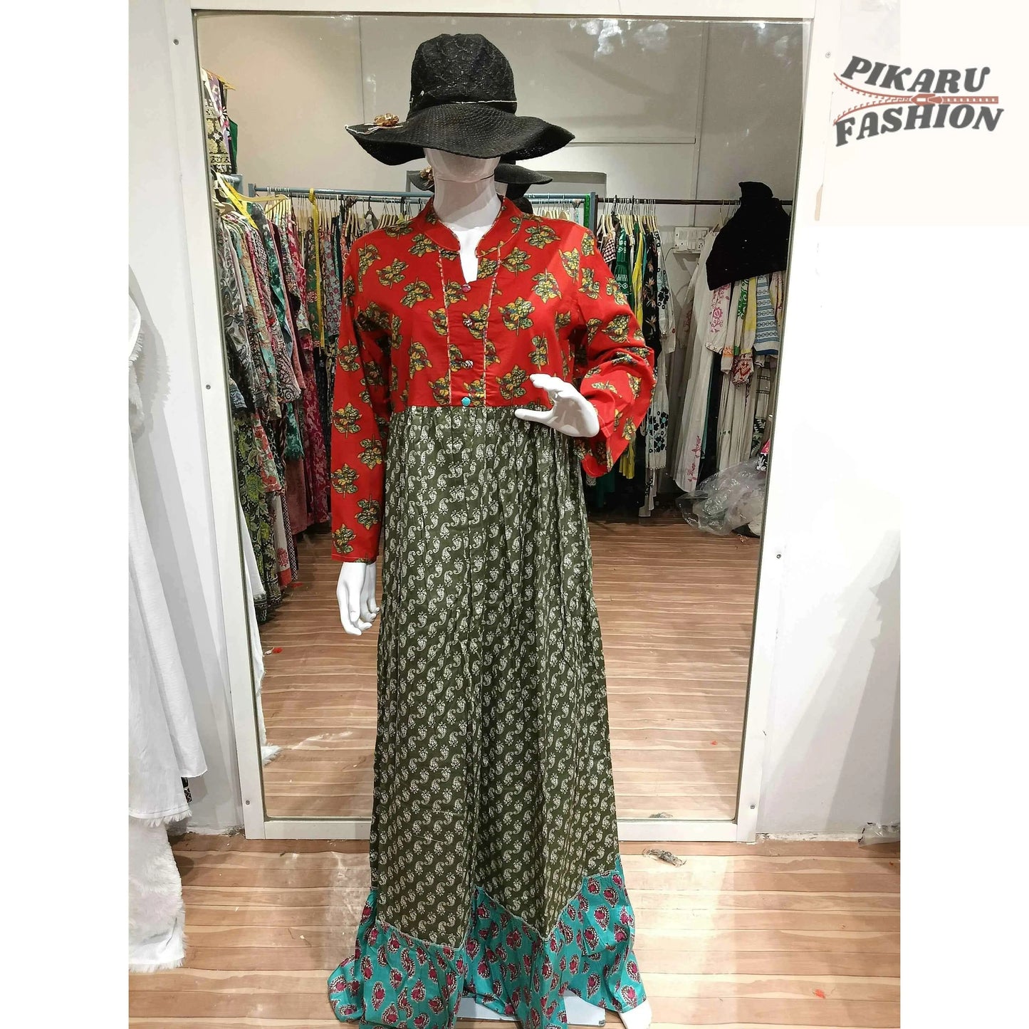 Bohemian Fusion Long Dress – Multicolor Floral Block Print - PIKARU FASHION