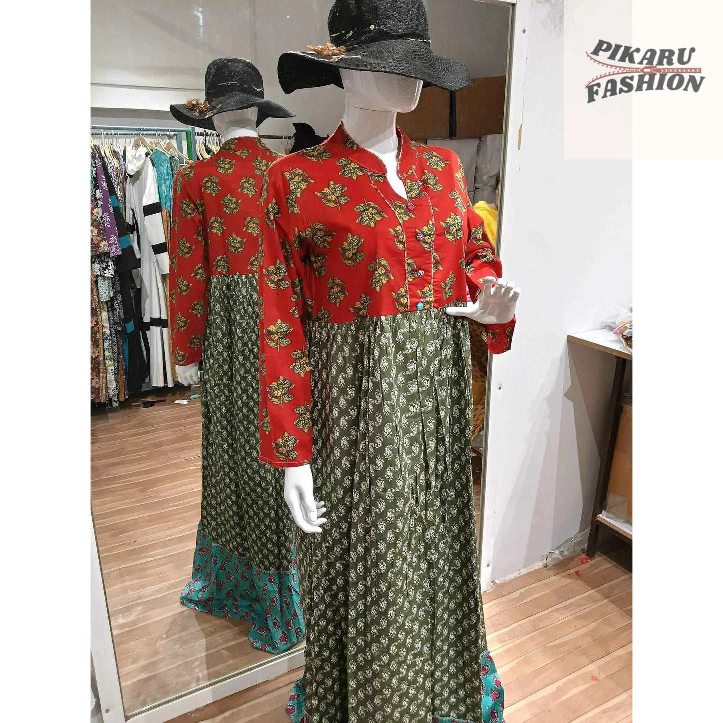 Bohemian Fusion Long Dress – Multicolor Floral Block Print - PIKARU FASHION