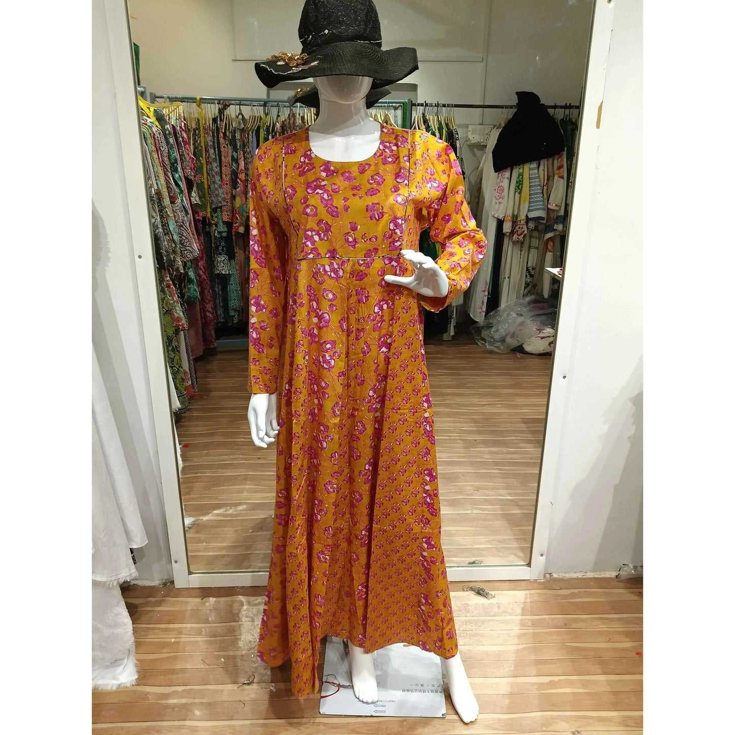 Floral Mustard Maxi Dress – Elegant Long Sleeve Style - PIKARU FASHION