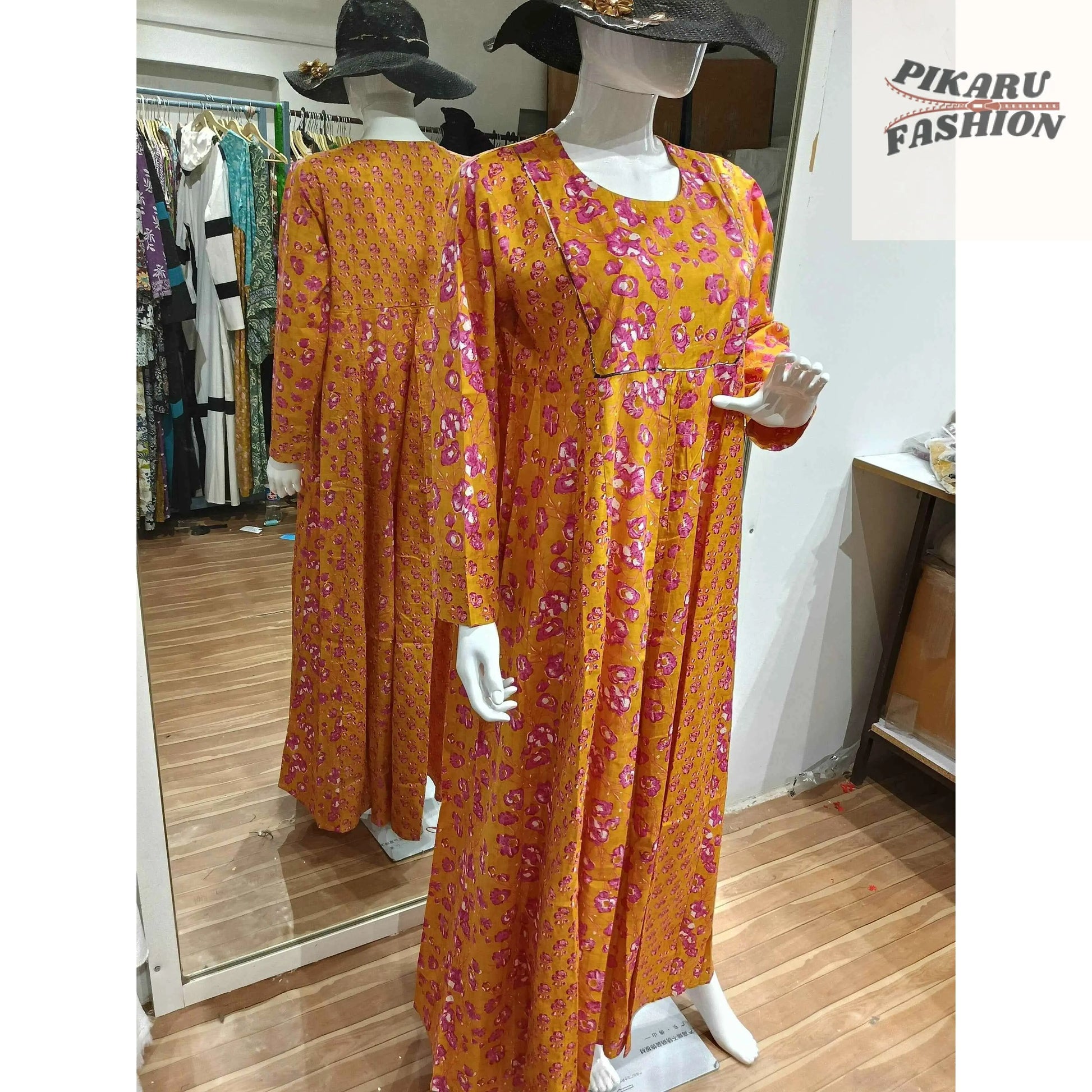 Floral Mustard Maxi Dress – Elegant Long Sleeve Style - PIKARU FASHION
