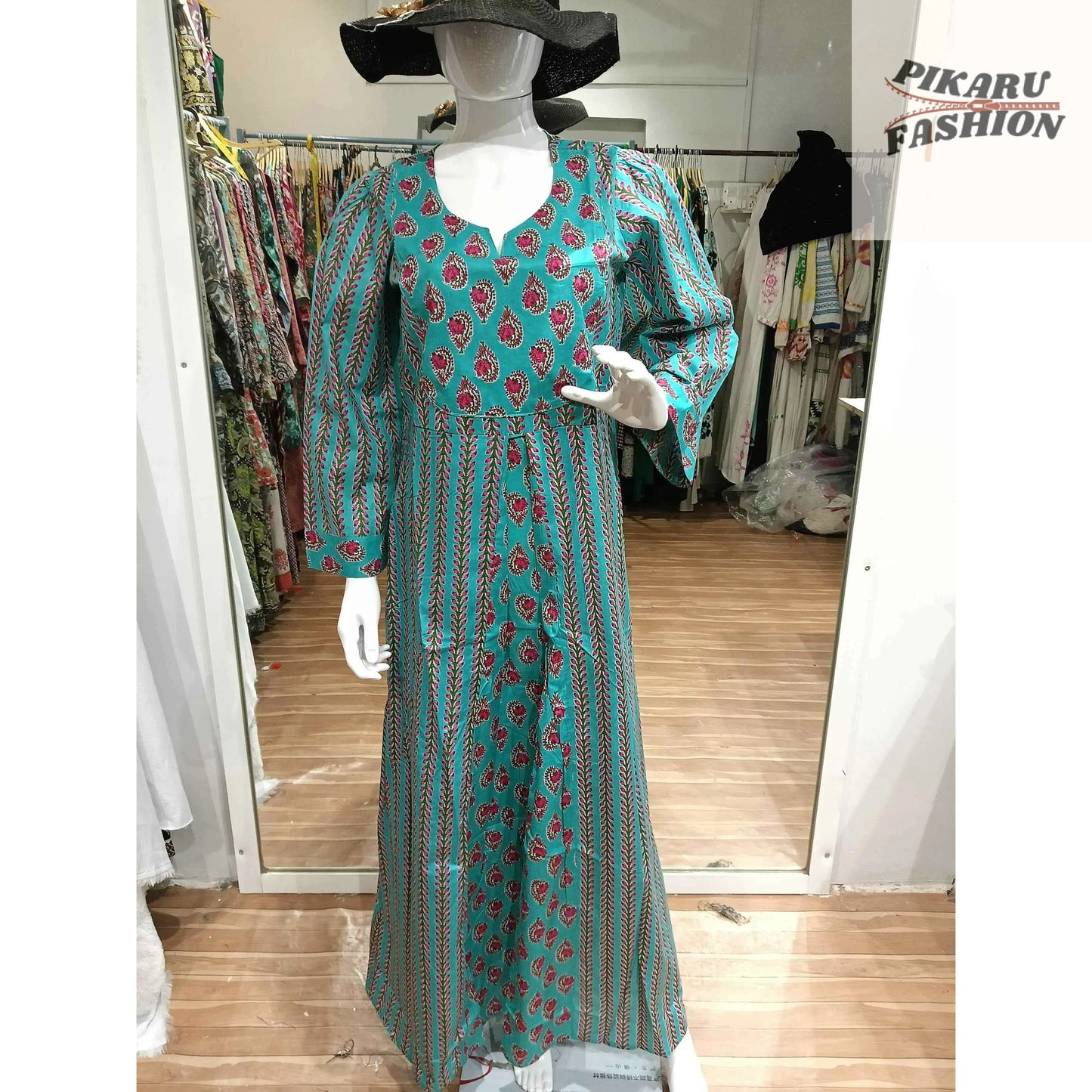 Bohemian Teal Printed Maxi Dress – Elegant & Breezy - PIKARU FASHION