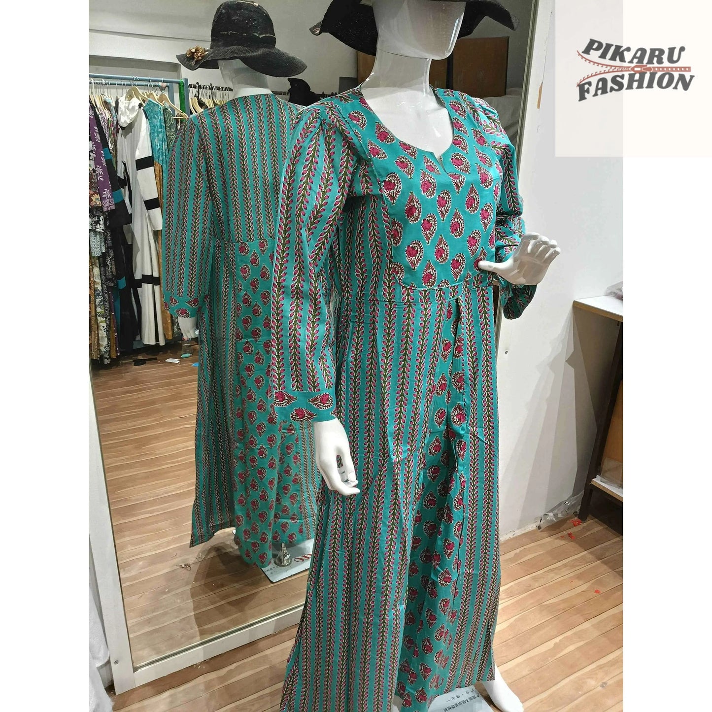 Bohemian Teal Printed Maxi Dress – Elegant & Breezy - PIKARU FASHION