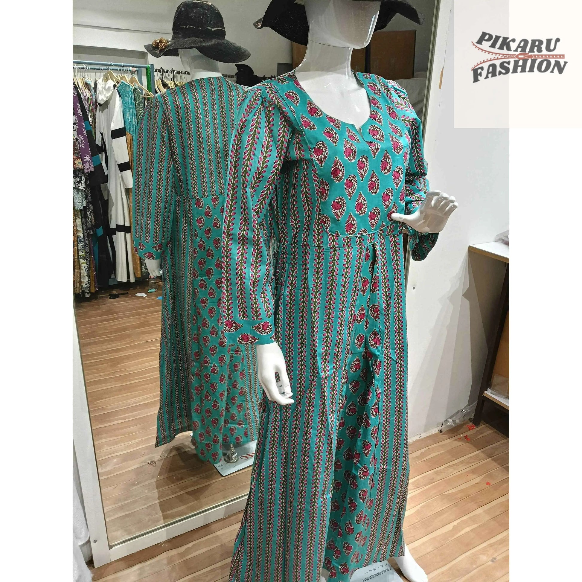 Bohemian Teal Printed Maxi Dress – Elegant & Breezy - PIKARU FASHION