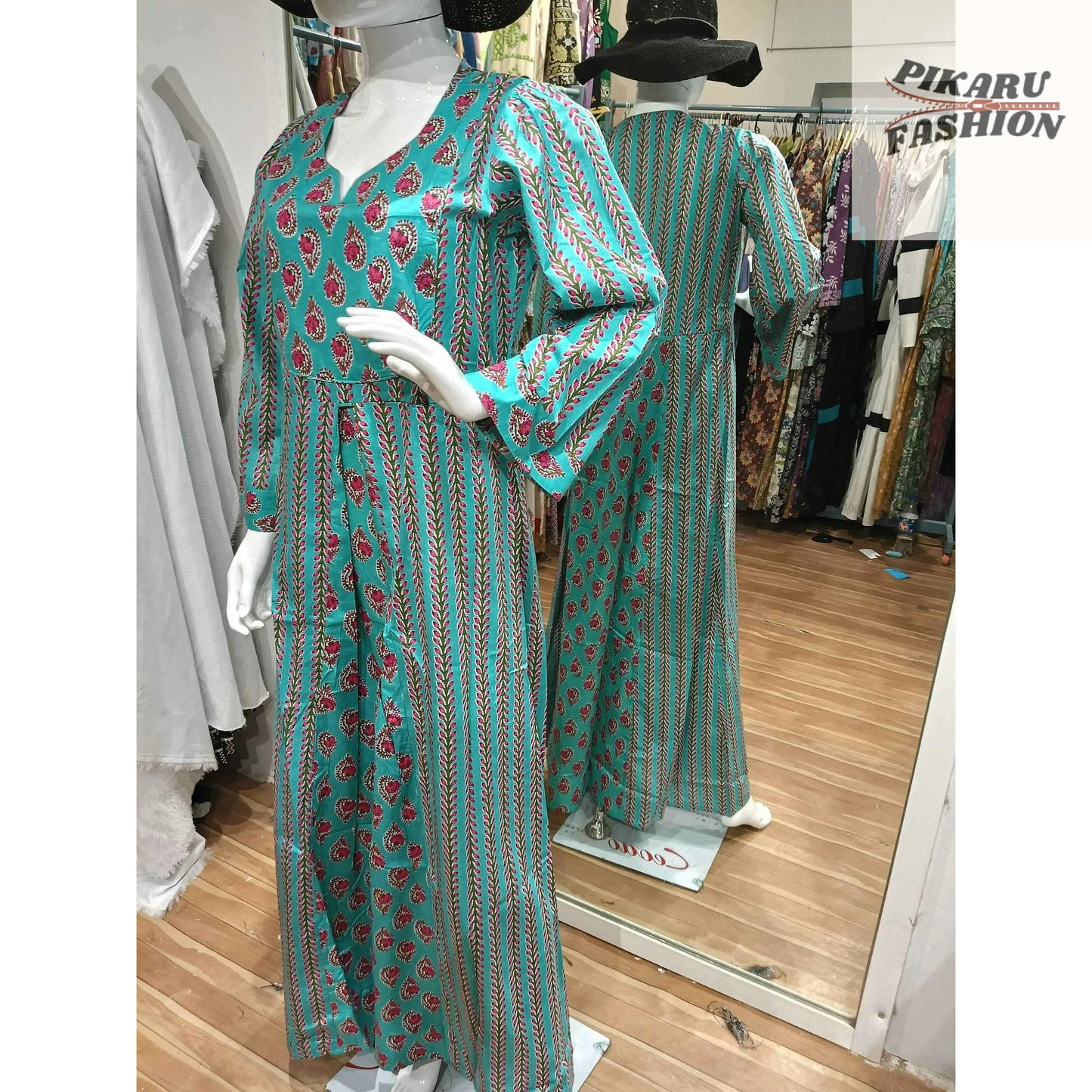Bohemian Teal Printed Maxi Dress – Elegant & Breezy - PIKARU FASHION