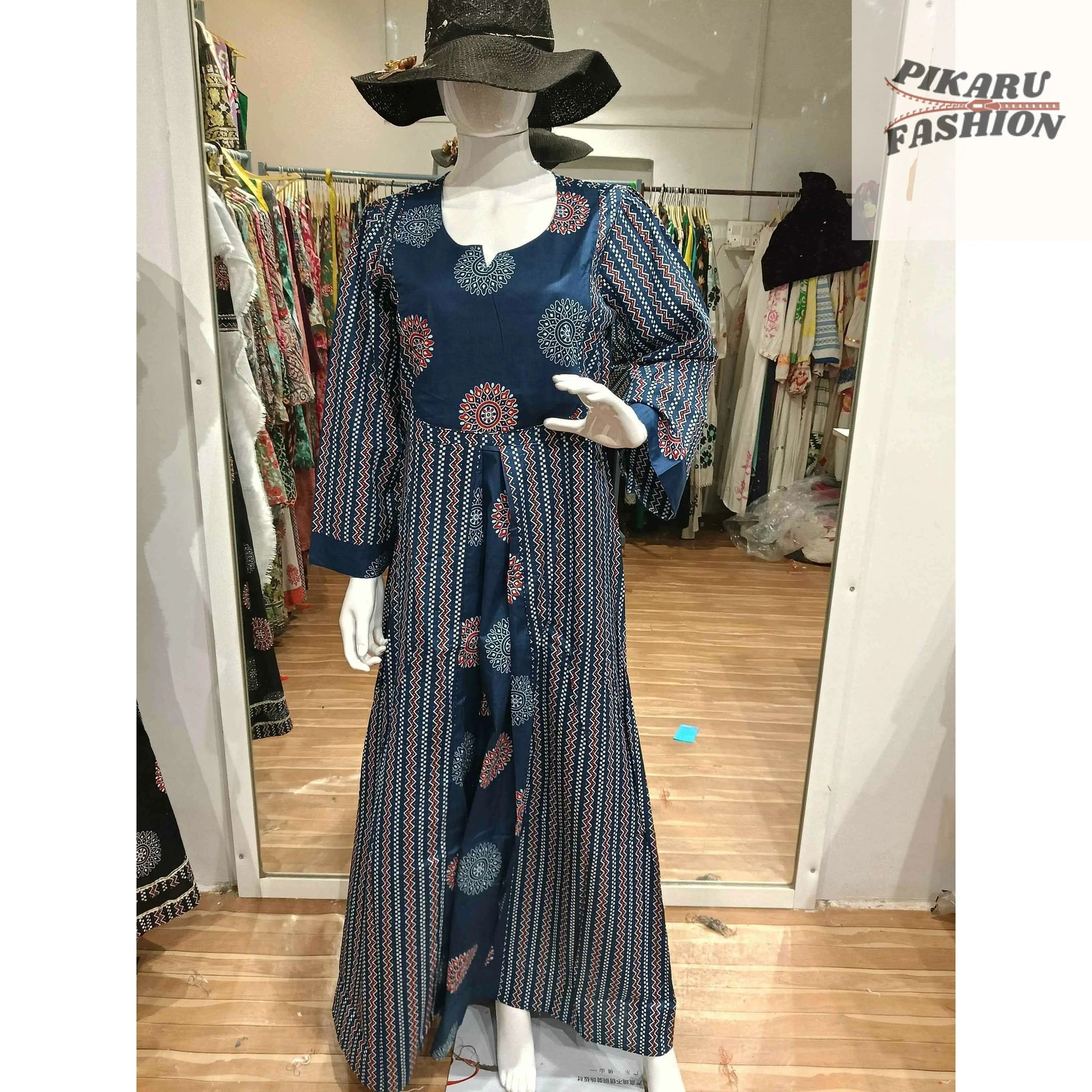 Bohemian Indigo Printed Long Maxi Dress with Tie Waist - PIKARU FASHION