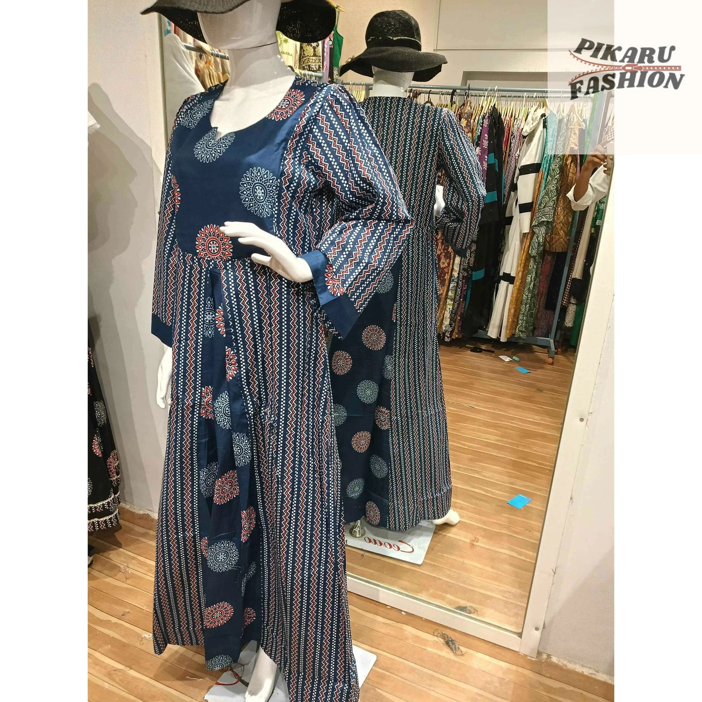 Bohemian Indigo Printed Long Maxi Dress with Tie Waist - PIKARU FASHION