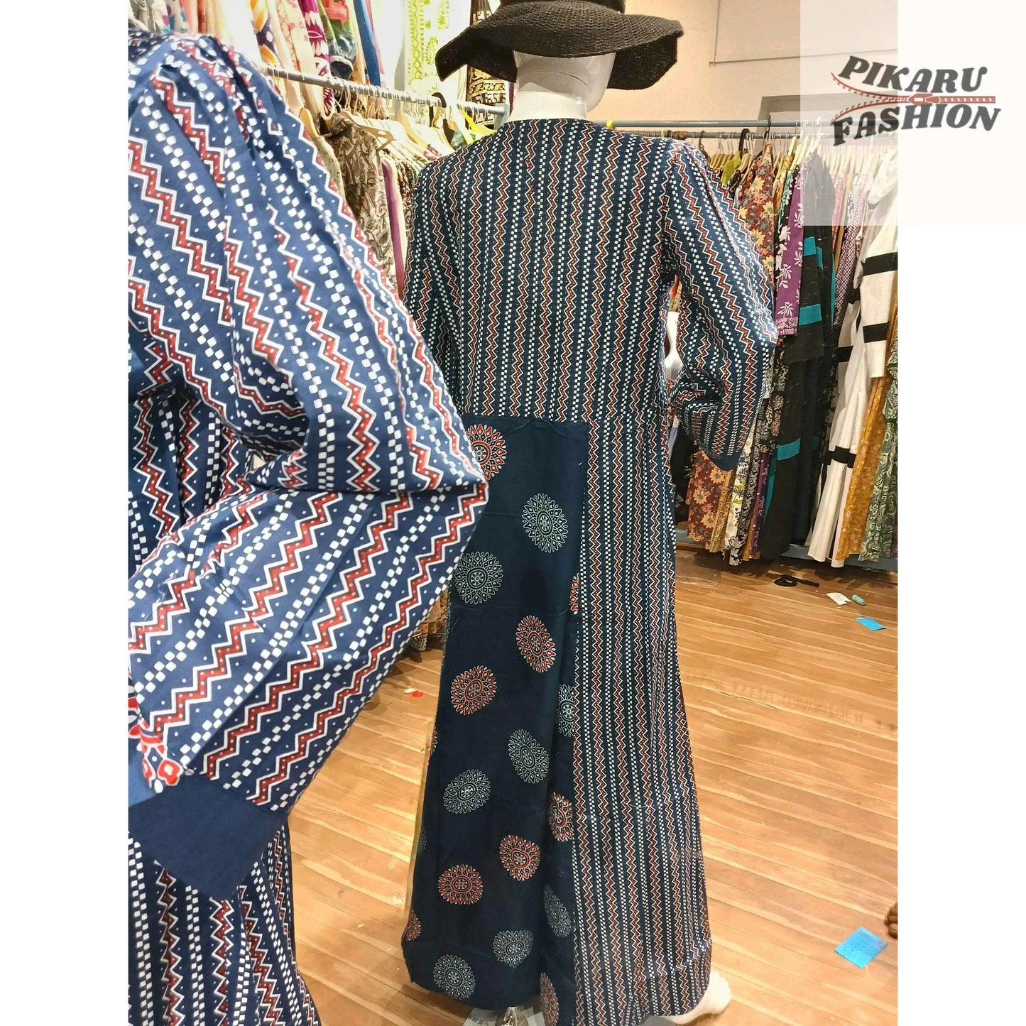 Bohemian Indigo Printed Long Maxi Dress with Tie Waist - PIKARU FASHION