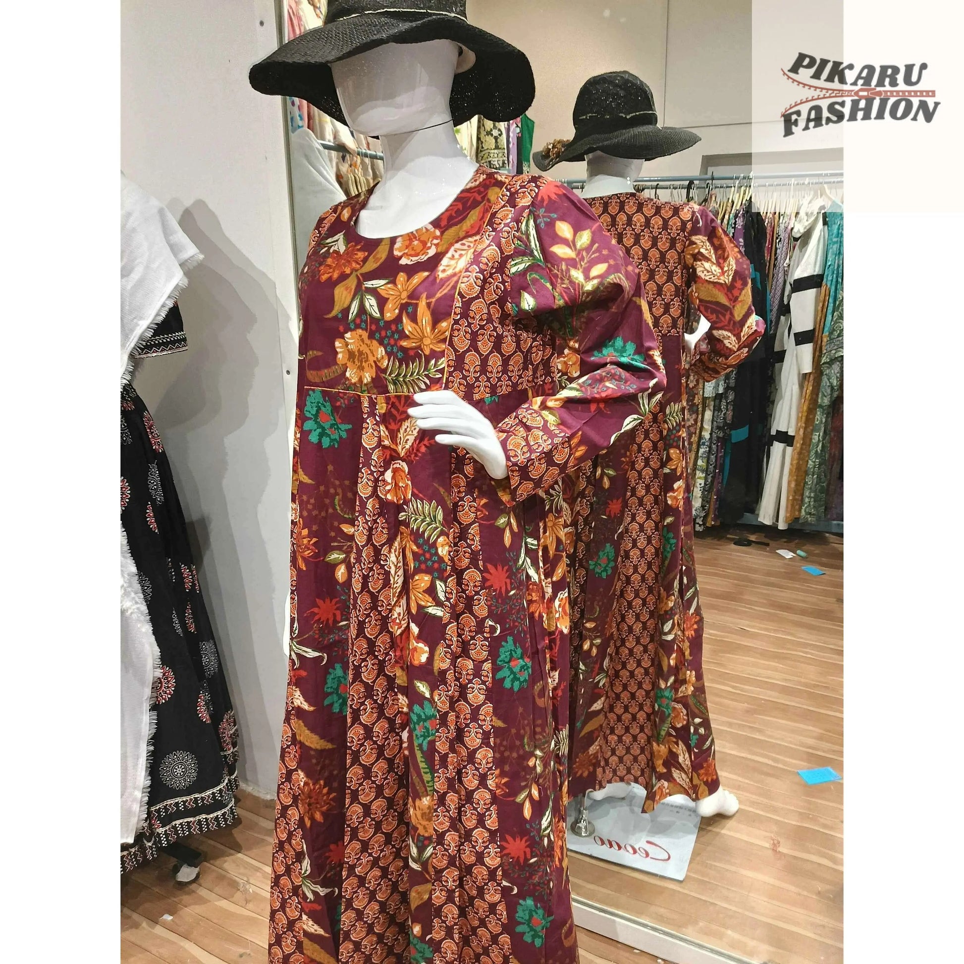Bohemian Maroon Floral Printed Long Maxi Dress - PIKARU FASHION