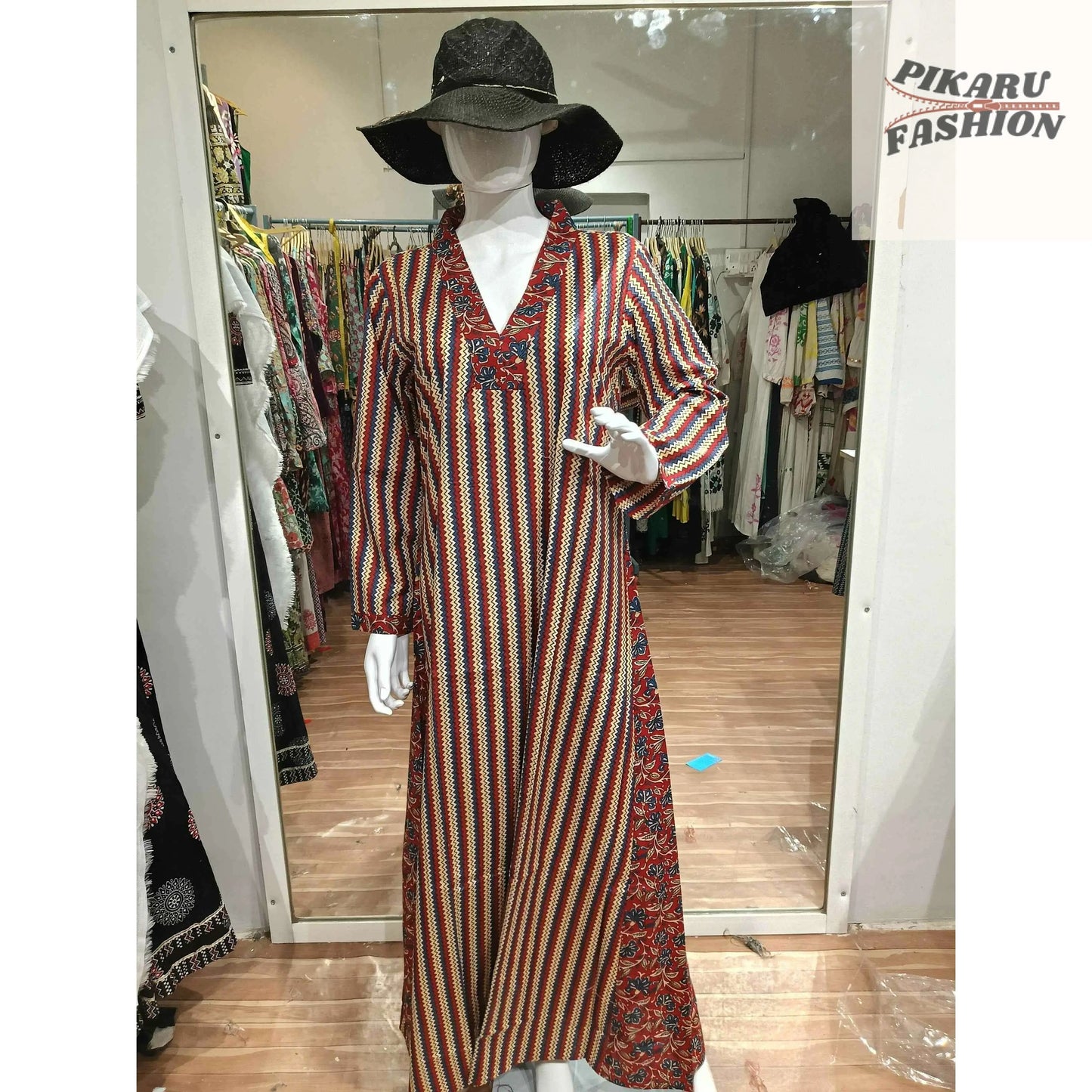 Hand-Block Printed Cotton Maxi Kaftan Dress-PIKARU FASHION - PIKARU FASHION