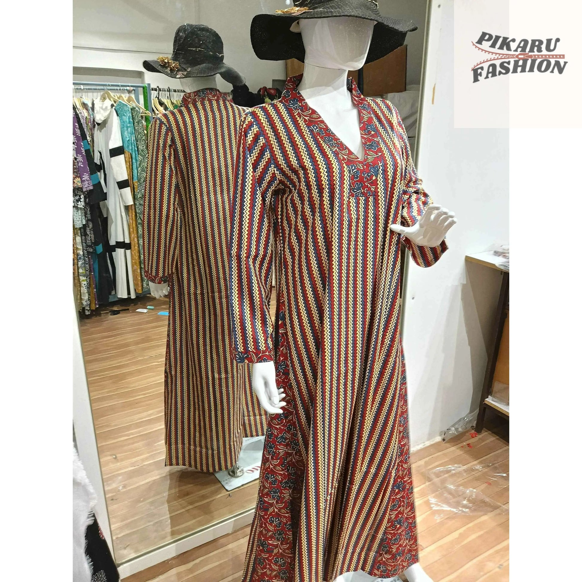 Hand-Block Printed Cotton Maxi Kaftan Dress-PIKARU FASHION - PIKARU FASHION