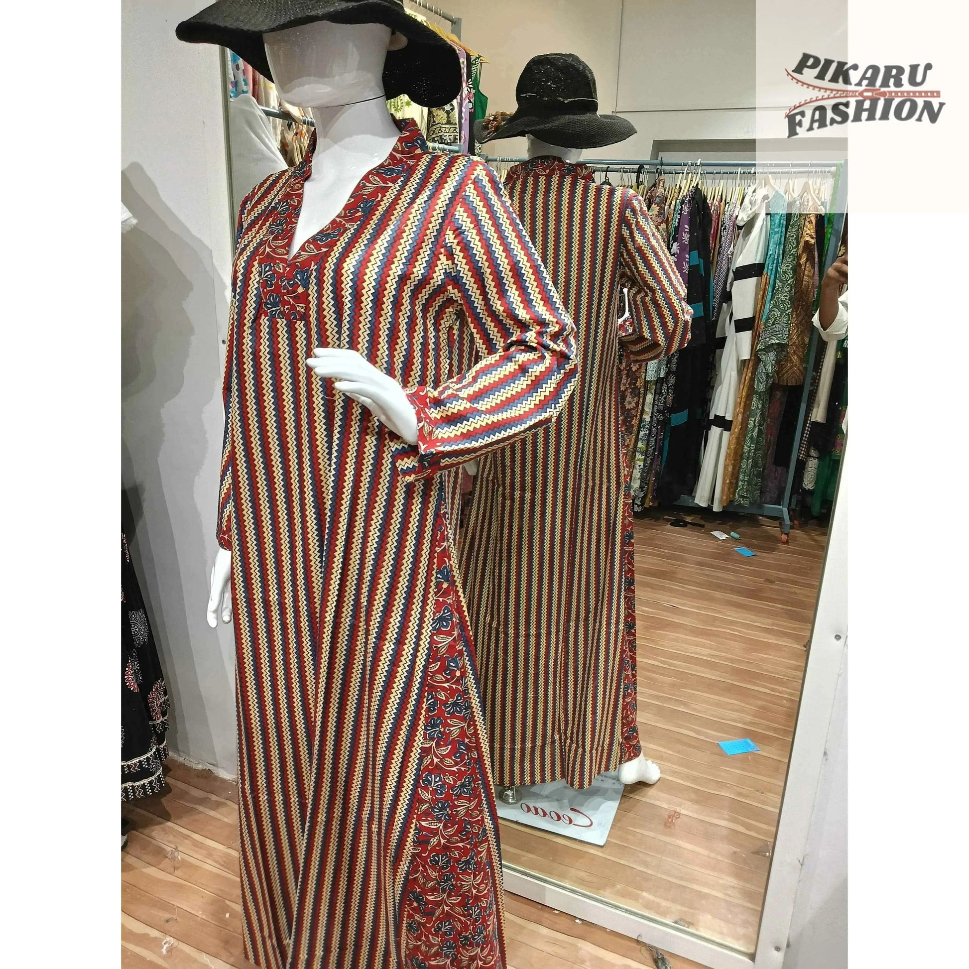 Hand-Block Printed Cotton Maxi Kaftan Dress-PIKARU FASHION - PIKARU FASHION