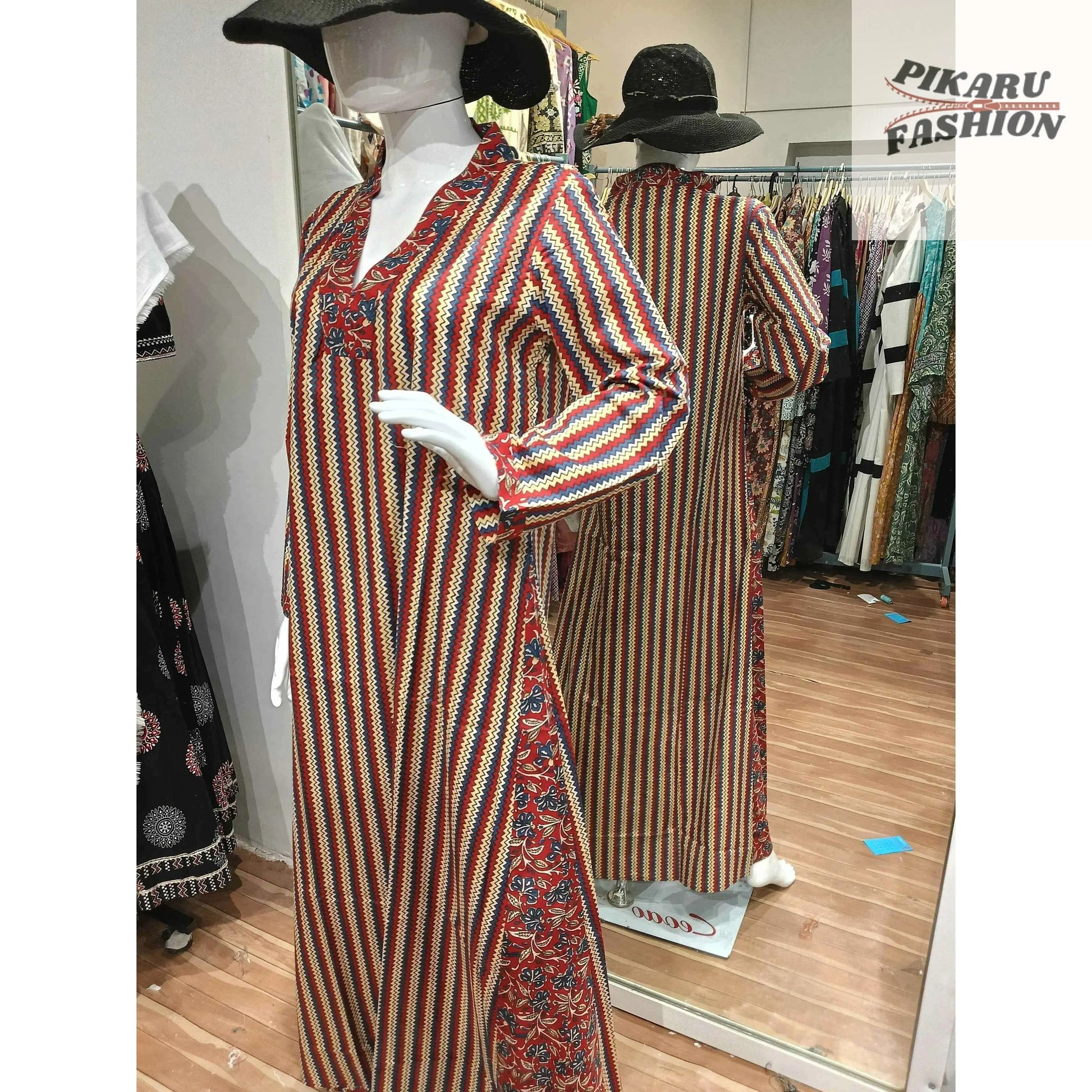 Hand-Block Printed Cotton Maxi Kaftan Dress-PIKARU FASHION - PIKARU FASHION