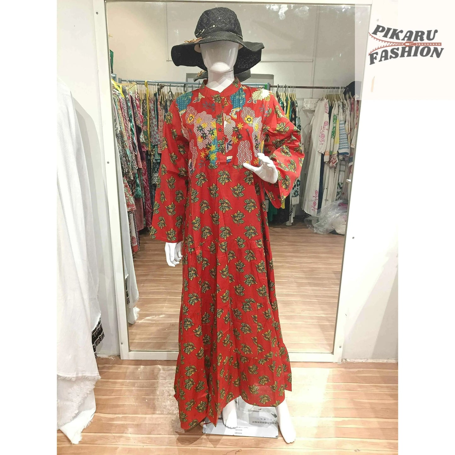 Red Floral Block Print Maxi Dress - PIKARU FASHION