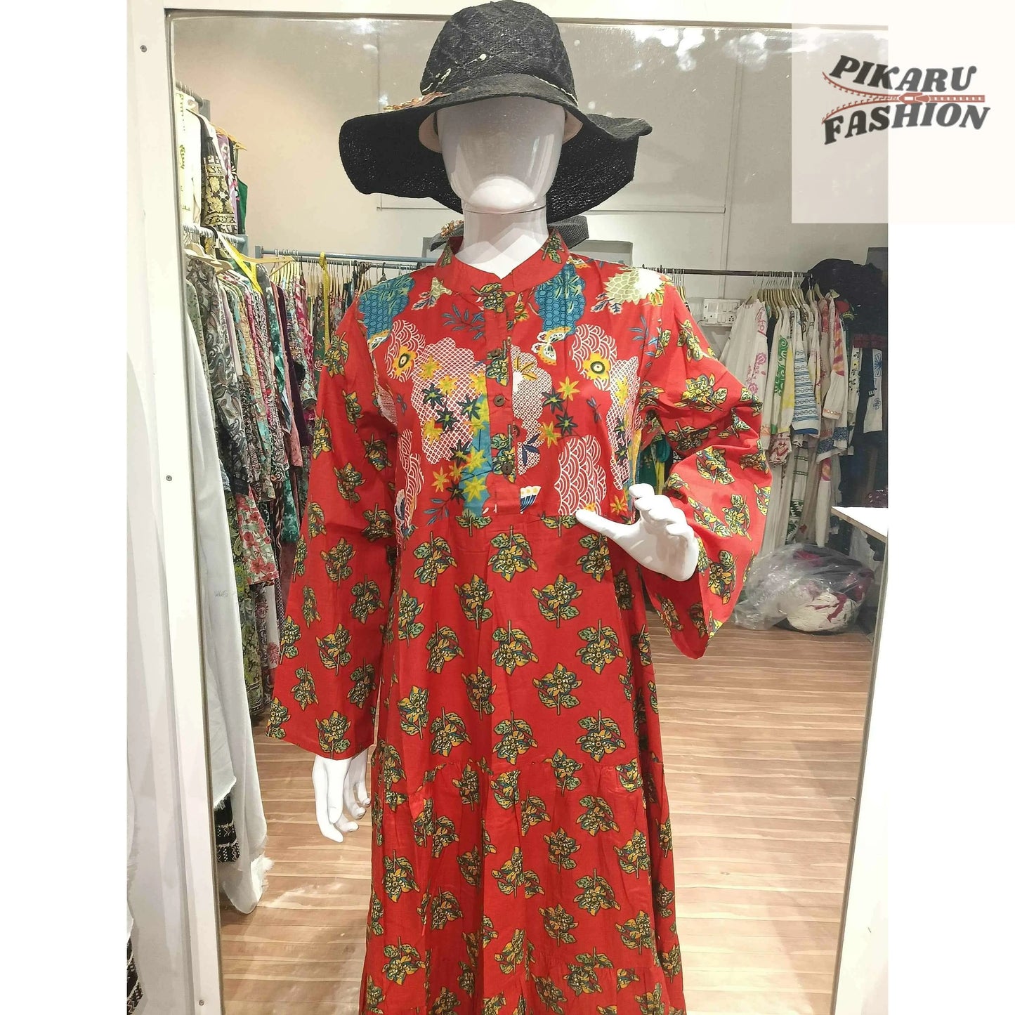 Red Floral Block Print Maxi Dress - PIKARU FASHION