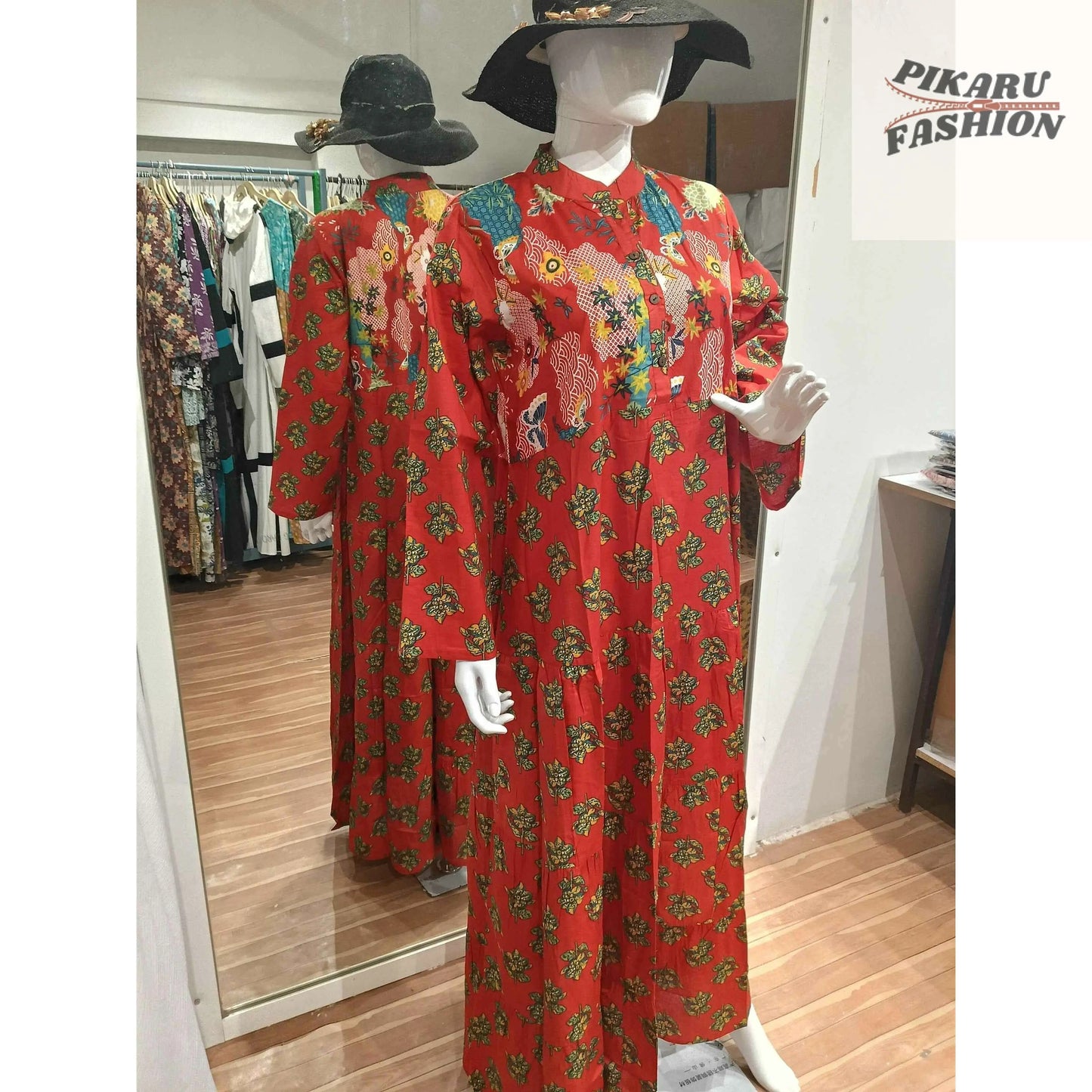 Red Floral Block Print Maxi Dress - PIKARU FASHION