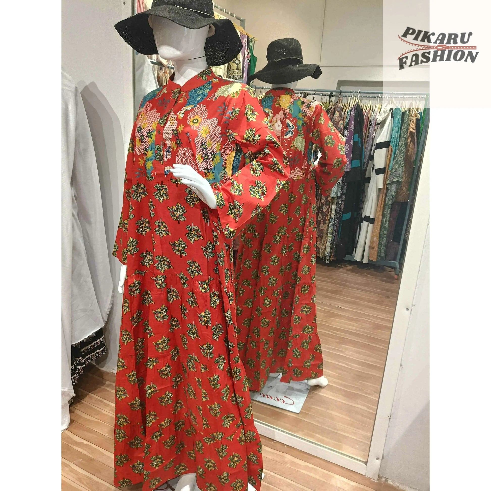 Red Floral Block Print Maxi Dress - PIKARU FASHION