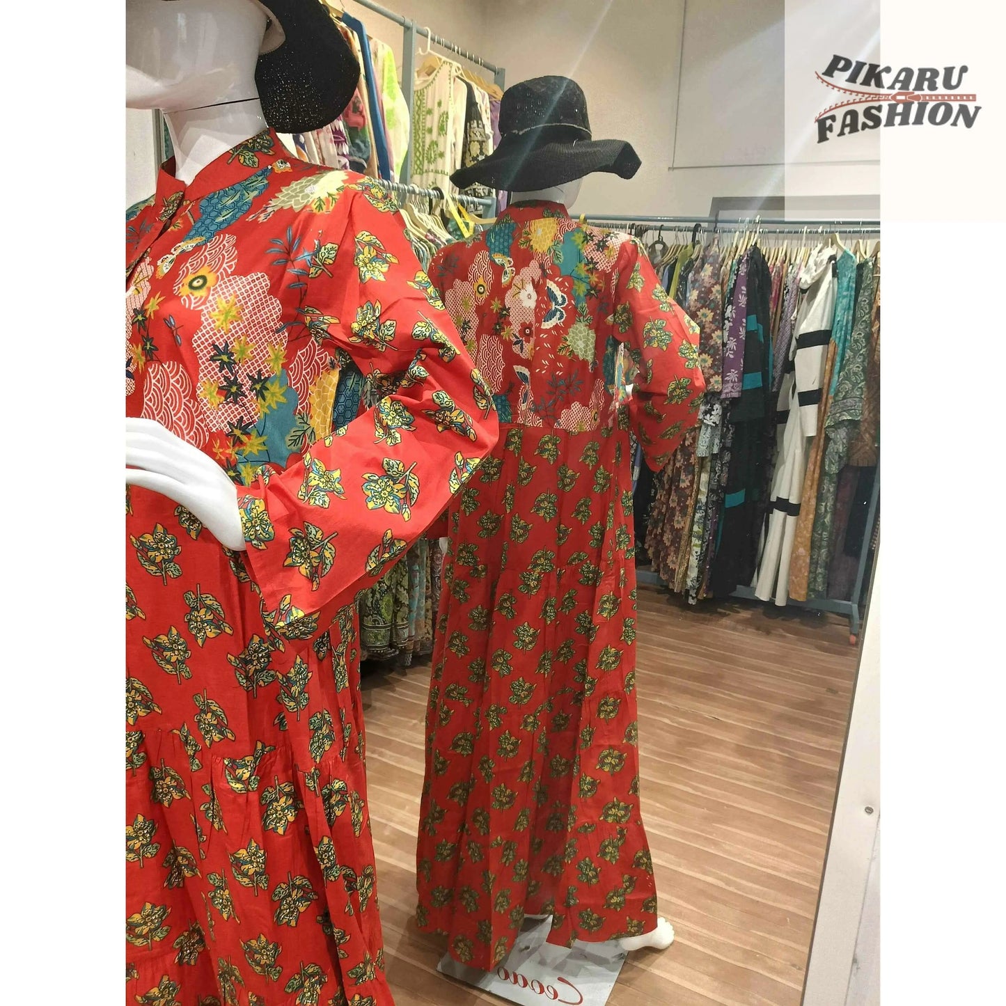 Red Floral Block Print Maxi Dress - PIKARU FASHION