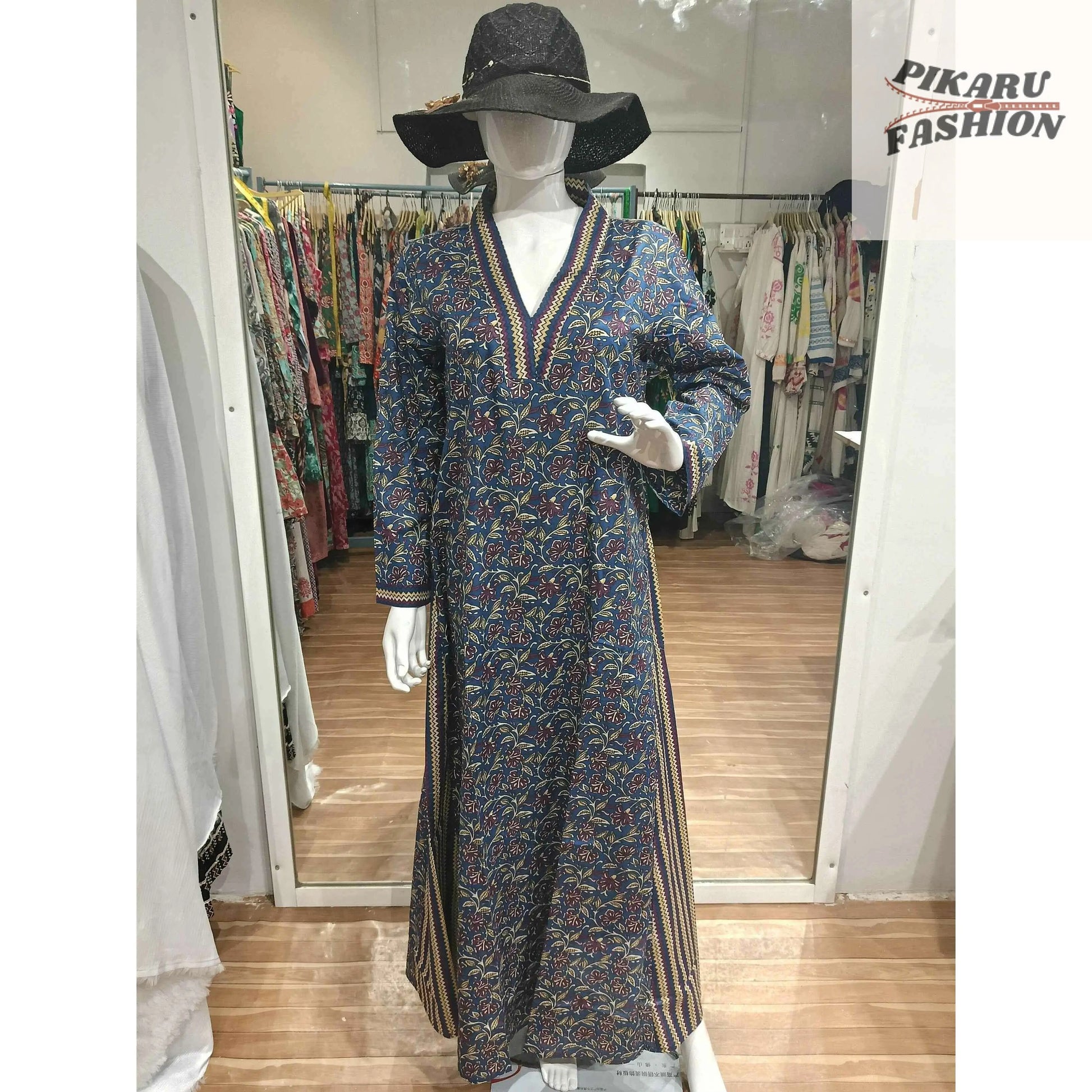 indigo floral abaya style dress - PIKARU FASHION