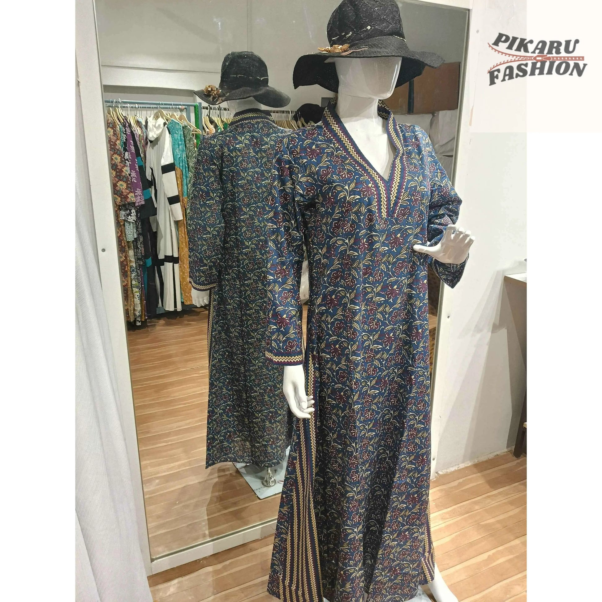 indigo floral abaya style dress - PIKARU FASHION
