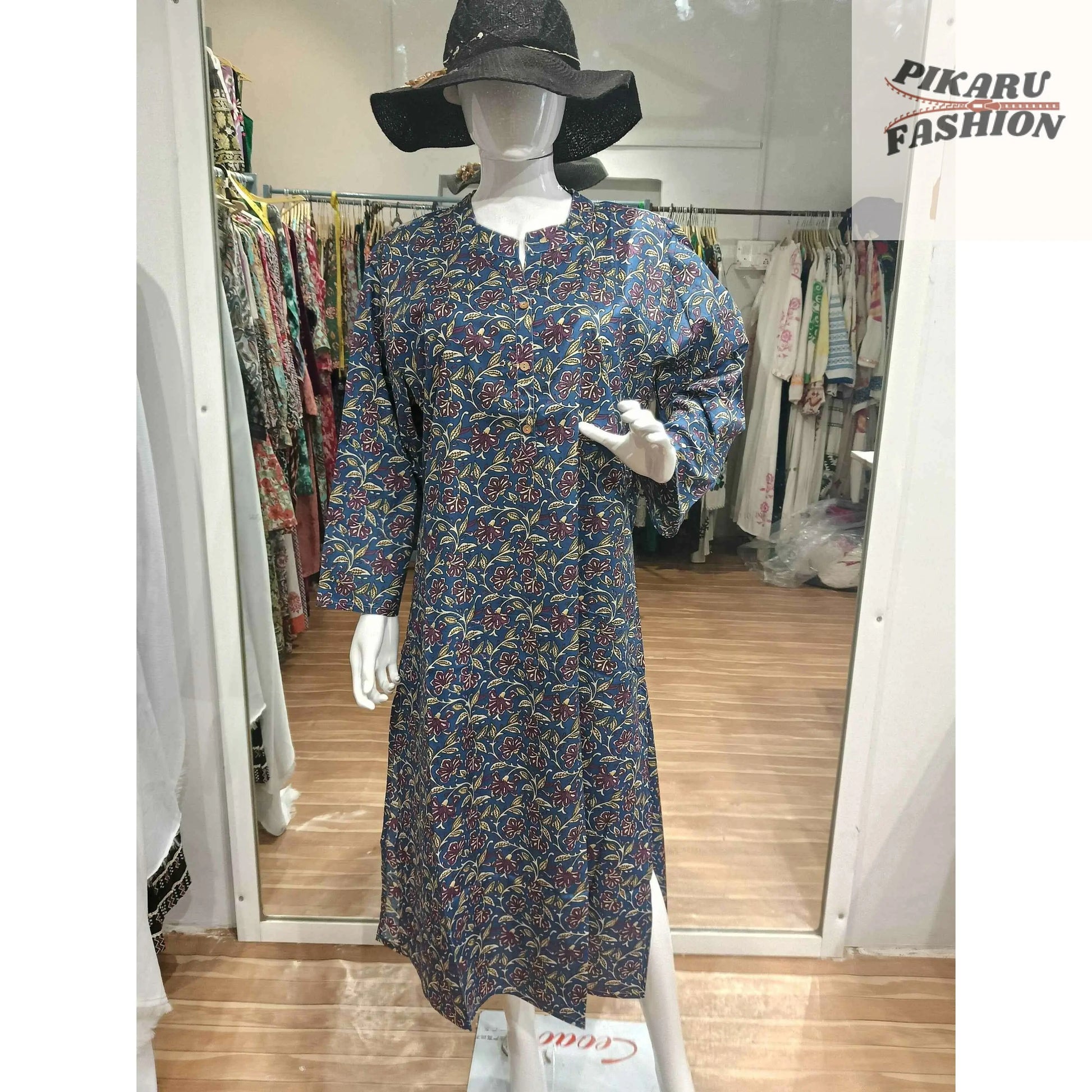 Hand-Block Printed Cotton Kaftan Dress – Blue Floral Pattern - PIKARU FASHION