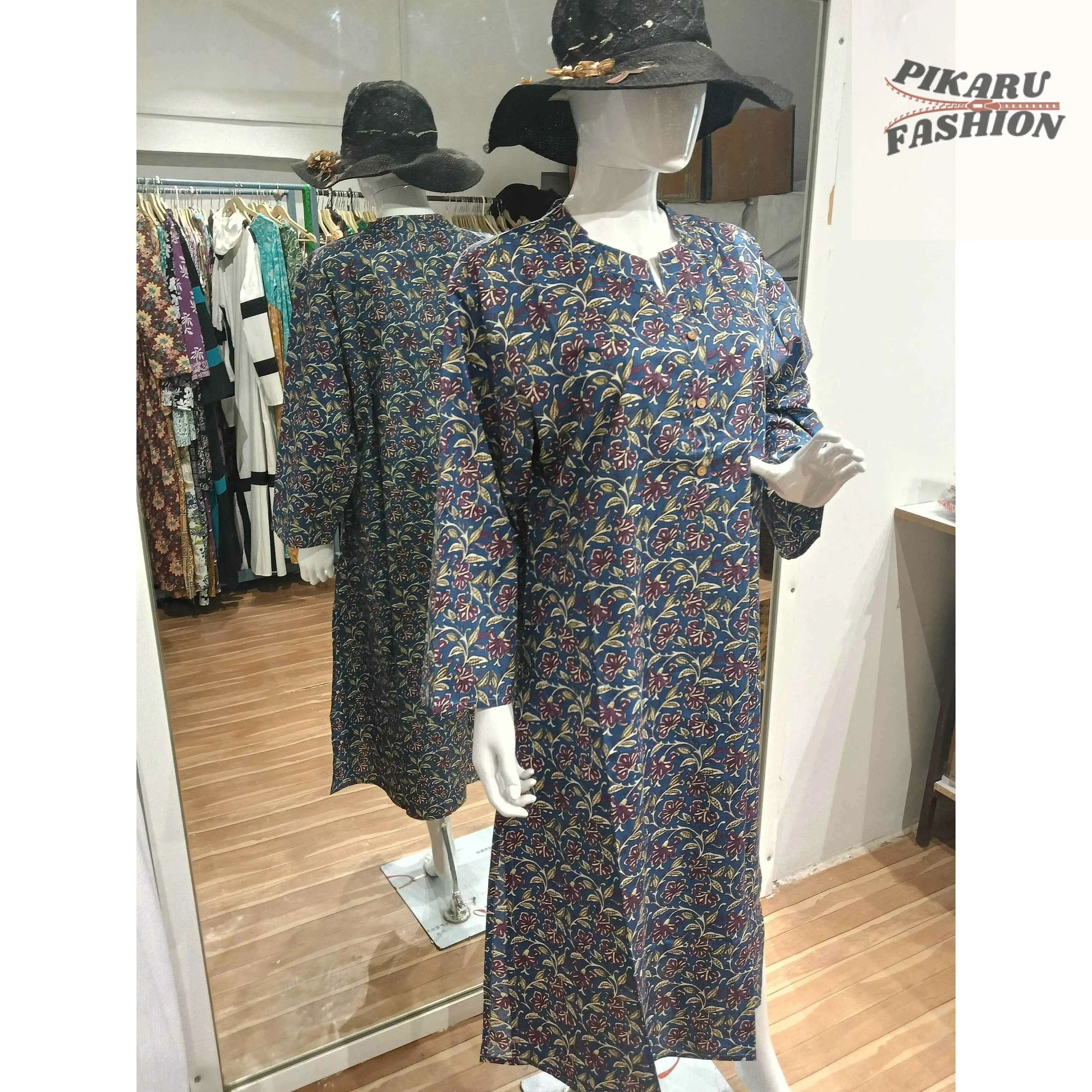 Hand-Block Printed Cotton Kaftan Dress – Blue Floral Pattern - PIKARU FASHION