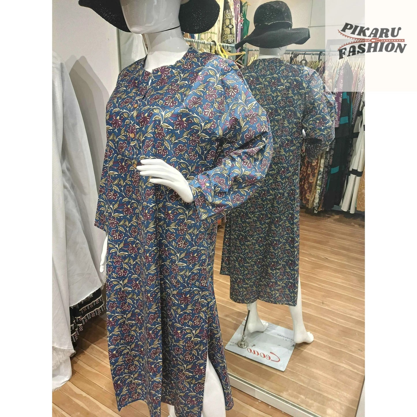 Hand-Block Printed Cotton Kaftan Dress – Blue Floral Pattern - PIKARU FASHION