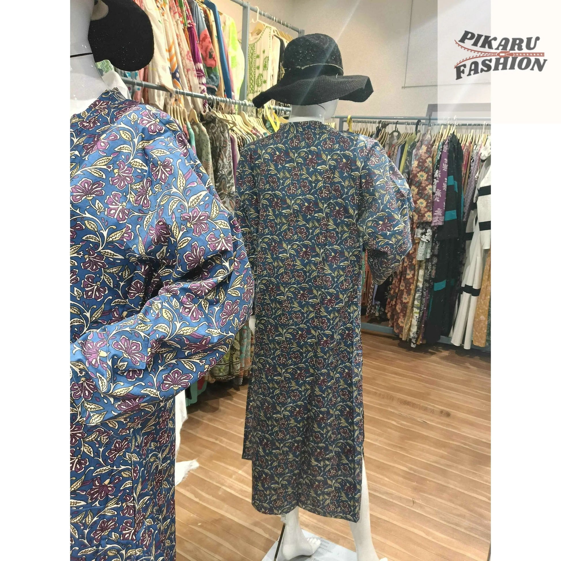 Hand-Block Printed Cotton Kaftan Dress – Blue Floral Pattern - PIKARU FASHION